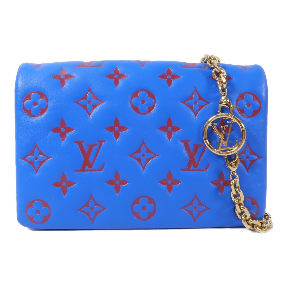 Louis Vuitton M80743 Pochette Coussin Blue Lambskin Shoulder Bag: Louis Vuitton M80743 Pochette Coussin Blue Lambskin Shoulder Bag A Louis Vuitton Pochette Coussin shoulder bag in monogram embossed blue lambskin. It features gold-tone hardware, a magnetic pocket, an