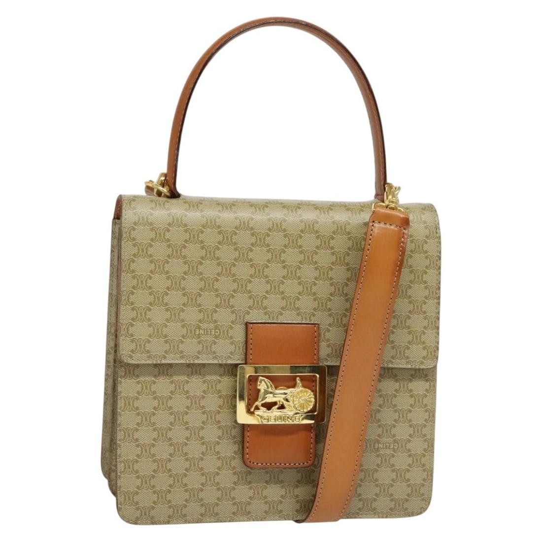 CELINE Macadam 2way Handbag in Beige PVC Leather with Strap: CELINE Macadam 2way Handbag in Beige PVC Leather with Strap Celine Macadam canvas 2-way handbag in beige and gold with PVC leather trim. Made in Italy, this women's bag includes a shoulder strap for h