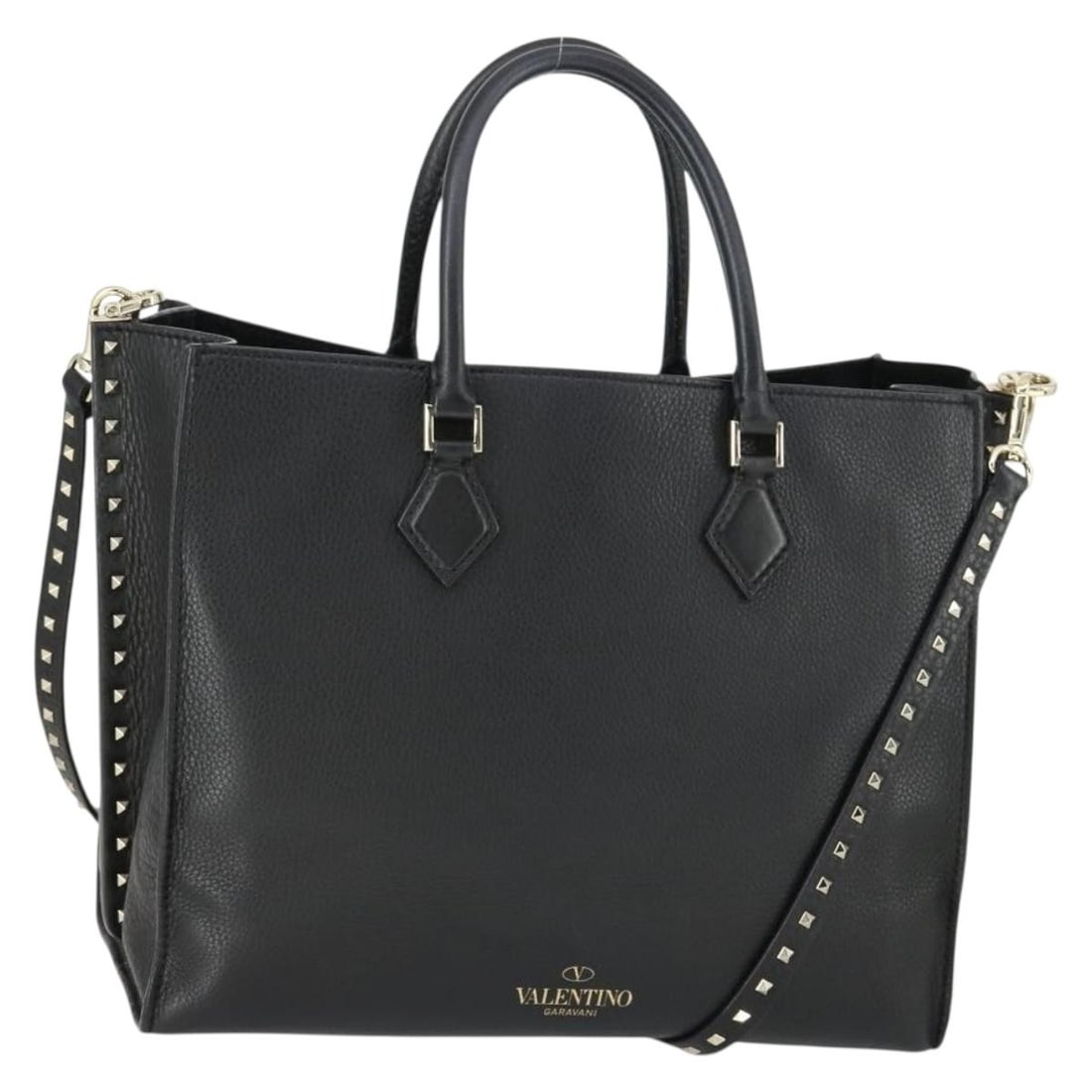 Valentino Black Leather Convertible Handbag with Shoulder Strap Gold Accents: Valentino Black Leather Convertible Handbag with Shoulder Strap Gold Accents This Valentino hand bag features black leather with gold-tone accents and offers versatile use as both a handbag and a shou