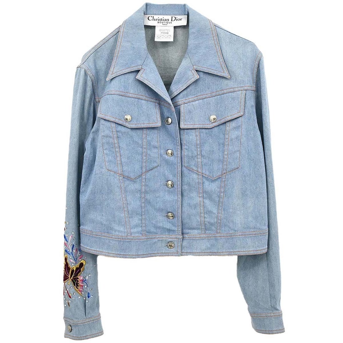 Dior 2P12022099 Womens Light Blue Embroidered Denim Jacket FR 38: Dior 2P12022099 Womens Light Blue Embroidered Denim Jacket FR 38 Christian Dior embroidered denim jacket in light blue with a collared neckline, long sleeves, and button-front closure. This women's mi