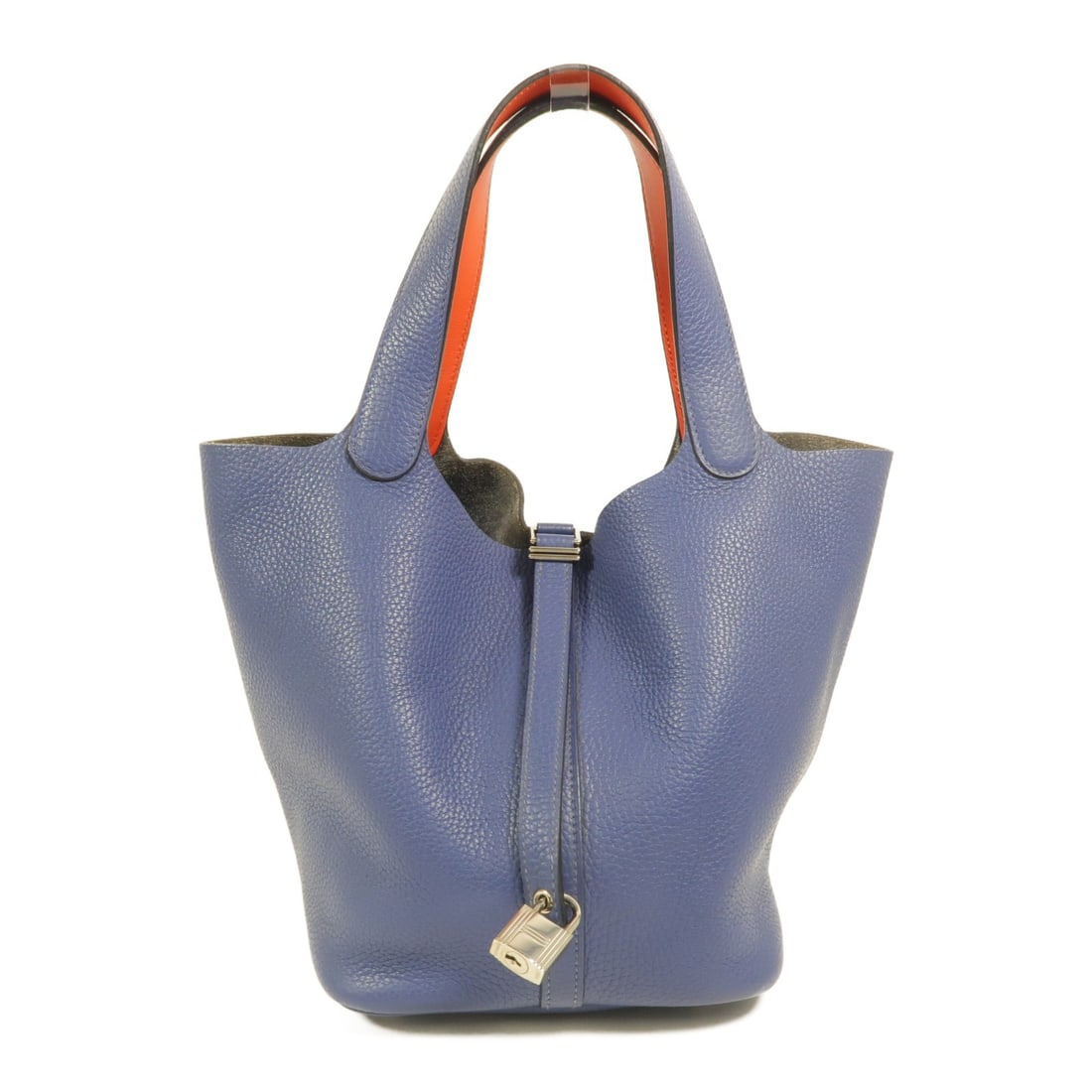 Hermes Picotin MM Taurillon Clemence Handbag Bleu Brighton Capucine PHW: Hermes Picotin MM Taurillon Clemence Handbag Bleu Brighton Capucine PHW Hermes Picotin MM handbag/bucket tote bag in Bleu Brighton and Capucine. It is made from Taurillon Clemence and calfskin (cowhid