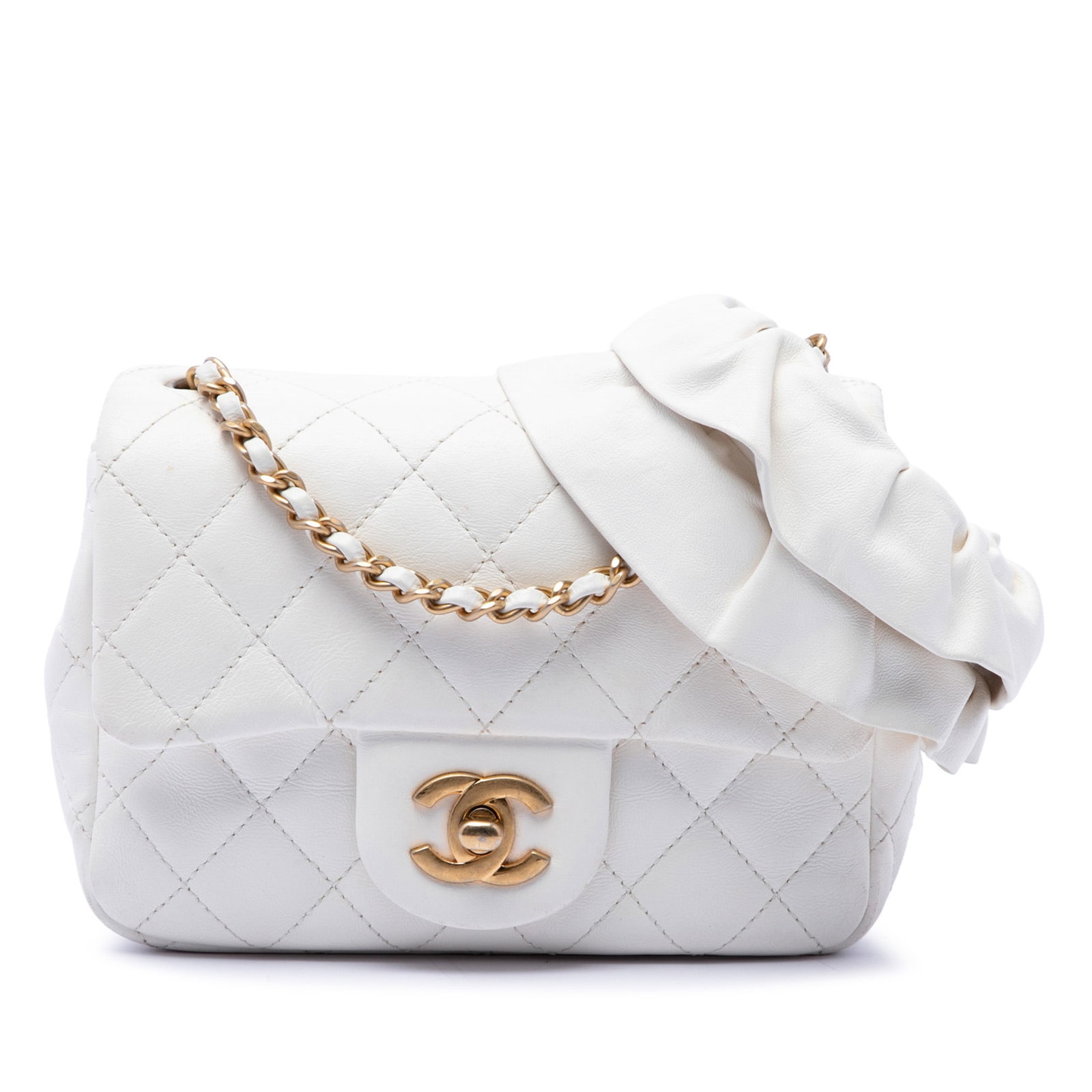 Chanel Romance Mini Square Single Flap Lambskin Crossbody Bag: Chanel Romance Mini Square Single Flap Lambskin Crossbody Bag Chanel Mini Square Romance Single Flap crossbody bag in white quilted lambskin leather. This bag features a leather-woven chain shoulder s