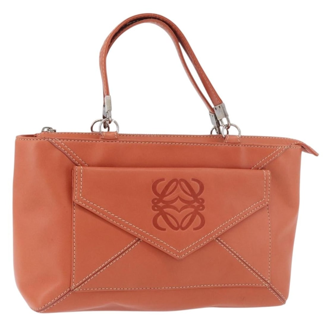 LOEWE Anagram Leather Handbag in Silver and Orange: LOEWE Anagram Leather Handbag in Silver and Orange LOEWE Anagram hand bag in leather with a silver and orange exterior. Made in Spain, this women's bag is offered without the original box or dust bag 