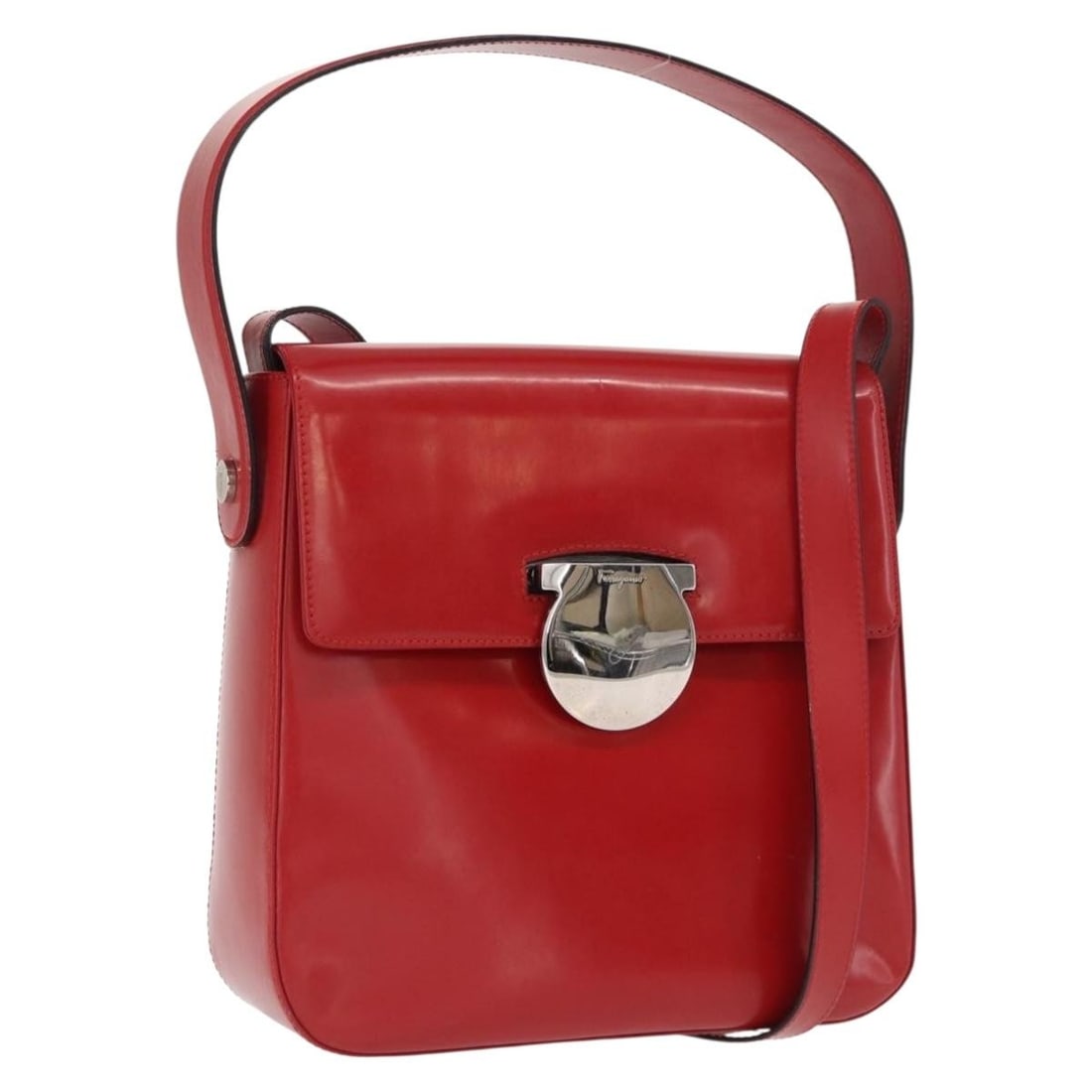 Salvatore Ferragamo Vala Red Gold Leather Handbag with Strap: Salvatore Ferragamo Vala Red Gold Leather Handbag with Strap This Salvatore Ferragamo Vala handbag is crafted from red leather with gold-tone accents. Designed for women, it features both a handle and
