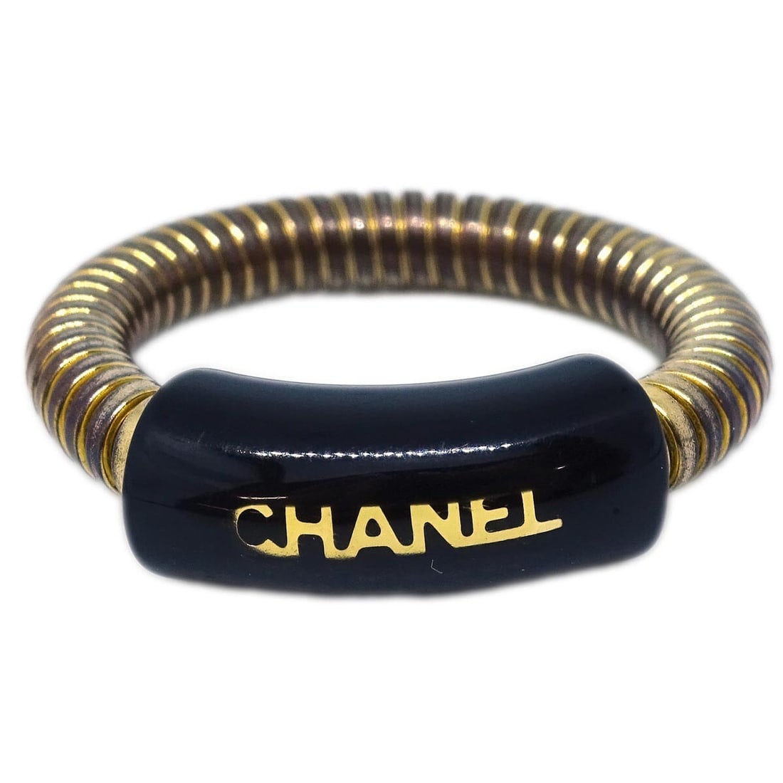 Chanel 01P Vintage Gold Plated Ring Size 13 France: Chanel 01P Vintage Gold Plated Ring Size 13 France Vintage Chanel ring in gold-plated metal with black detailing. Marked 01P, this ring is made in France and shows very good condition with minor disco