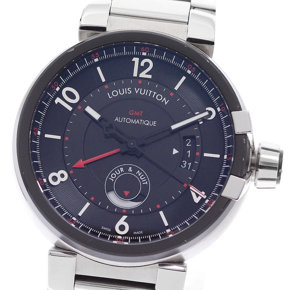 Louis Vuitton Tambour Evolution Q1156 automatic GMT mens wristwatch: Louis Vuitton Tambour Evolution Q1156 automatic GMT mens wristwatch Pre-owned Louis Vuitton Tambour Evolution GMT automatic men's wristwatch with a black dial and stainless steel case and bracelet. Th