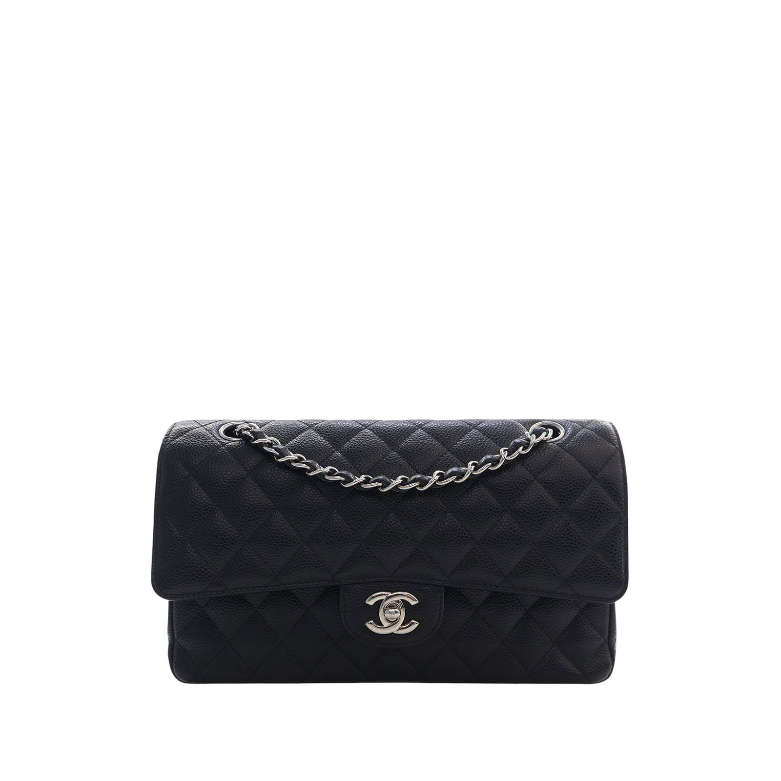 Chanel Medium Classic Double Flap Shoulder Bag in Black Caviar Leather: Chanel Medium Classic Double Flap Shoulder Bag in Black Caviar Leather Chanel Medium Classic Caviar Double Flap shoulder bag in black quilted caviar leather. This bag features a leather-woven chain st
