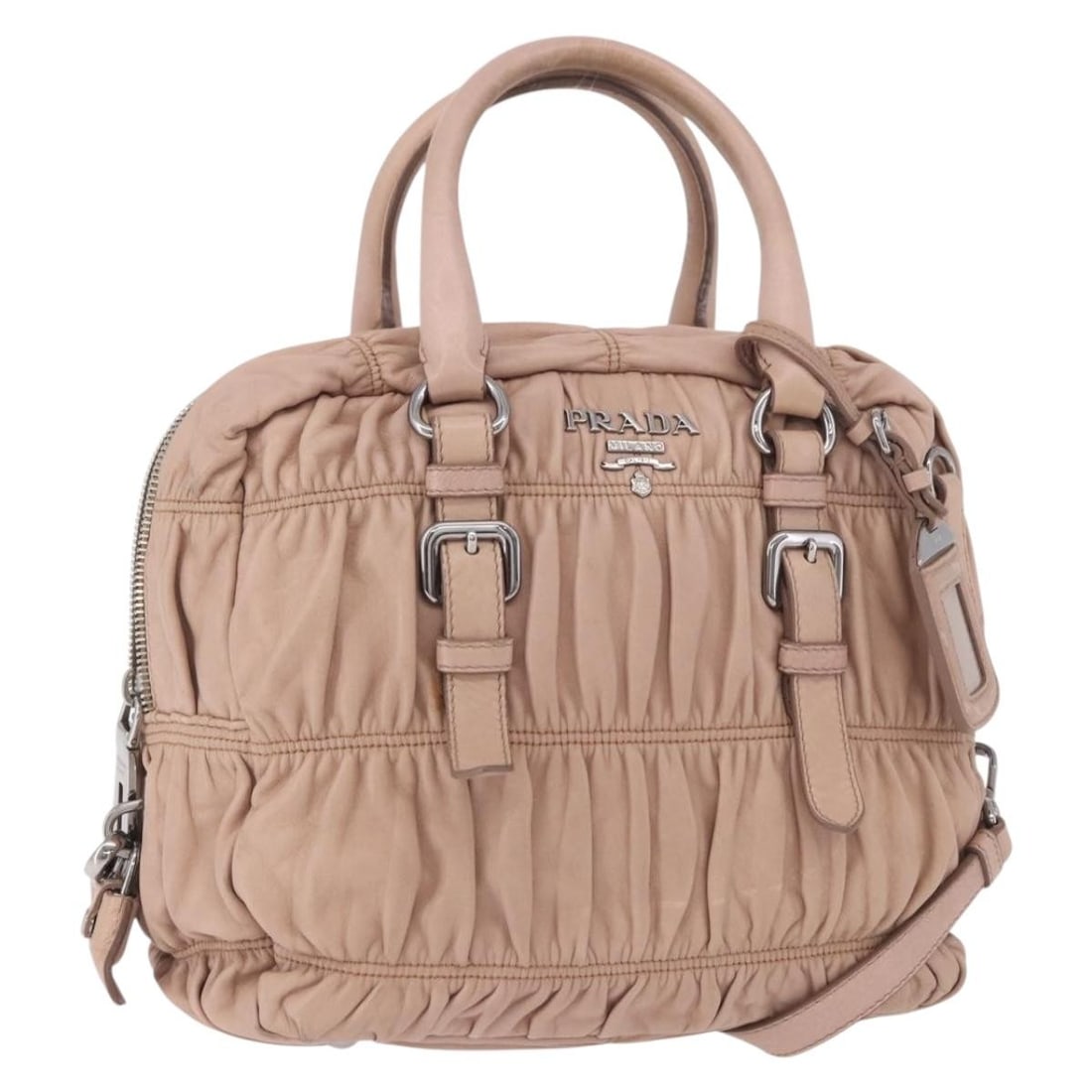 PRADA gathered leather 2way handbag pink silver tone with strap: PRADA gathered leather 2way handbag pink silver tone with strap Prada gathered 2-way handbag in pink and silver leather, made in Italy. This women's bag includes a dust bag, name tag, and shoulder str
