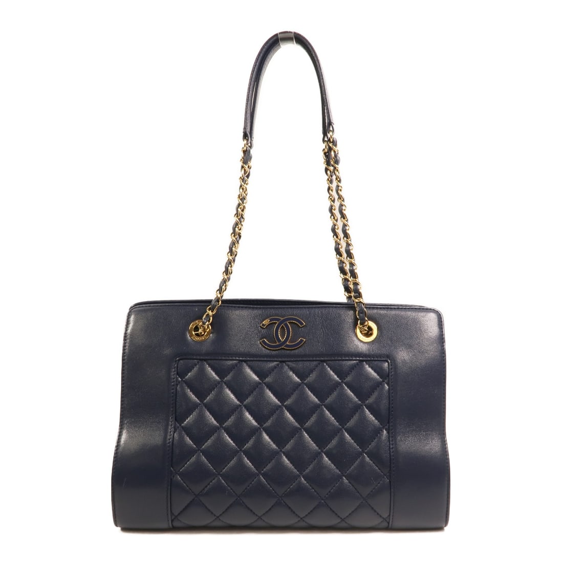 CHANEL Mademoiselle A93086 Vintage Calfskin Tote Navy Blue GHW: CHANEL Mademoiselle A93086 Vintage Calfskin Tote Navy Blue GHW CHANEL Mademoiselle Vintage Tote Bag, model A93086, in blue calfskin (cowhide) leather. This women's tote features a blue exterior and bl