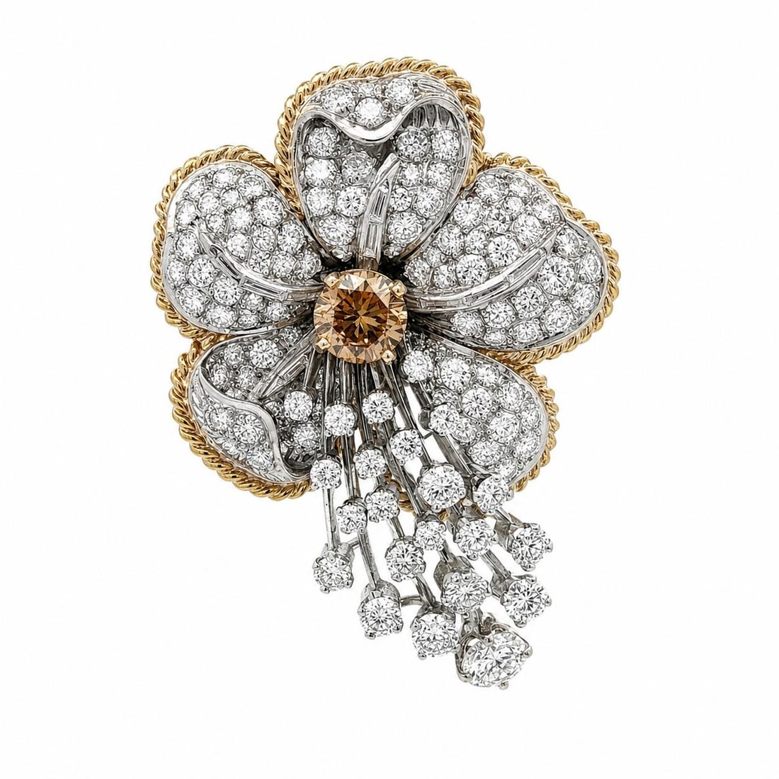 Vintage Flower Brooch Pendant in Gold Platinum with GIA 5.50ctw Fancy Diamond (1 of 11)