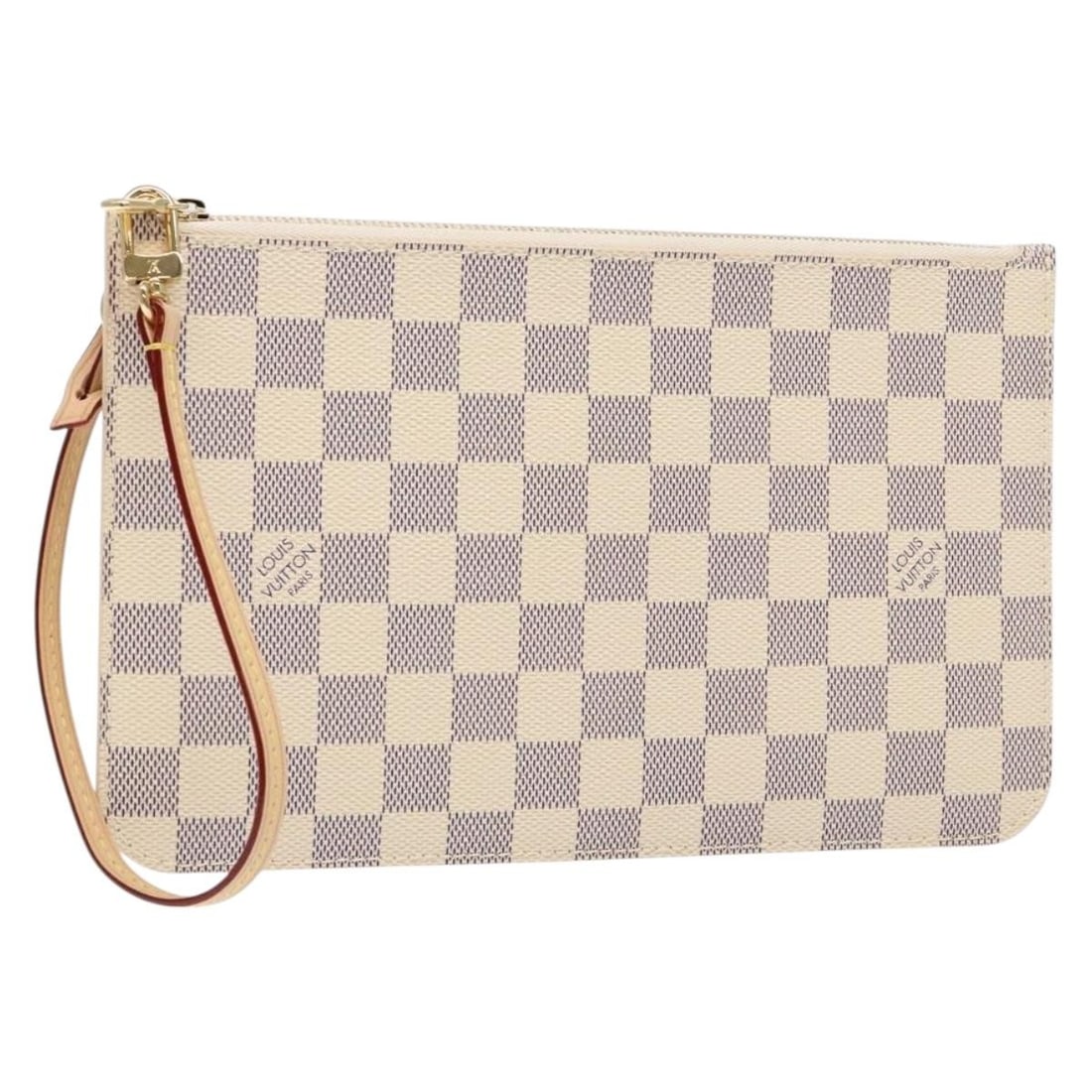 Neverfull Pochette Damier Azur Canvas Pouch by Louis Vuitton: Neverfull Pochette Damier Azur Canvas Pouch by Louis Vuitton This pre-owned Louis Vuitton Damier Azur Neverfull MM Pochette features a white canvas exterior. It displays slight rubbing on the surface 