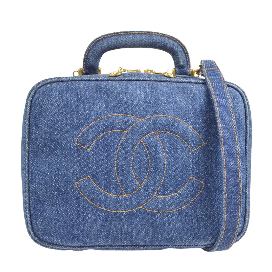 Chanel Timeless Lunch Box Vanity 24 Denim 2Way Cosmetic Bag: Chanel Timeless Lunch Box Vanity 24 Denim 2Way Cosmetic Bag Chanel Timeless Lunch Box Vanity 24 2-way handbag in indigo blue denim canvas. This medium vanity-style bag features a zip closure, logo acc