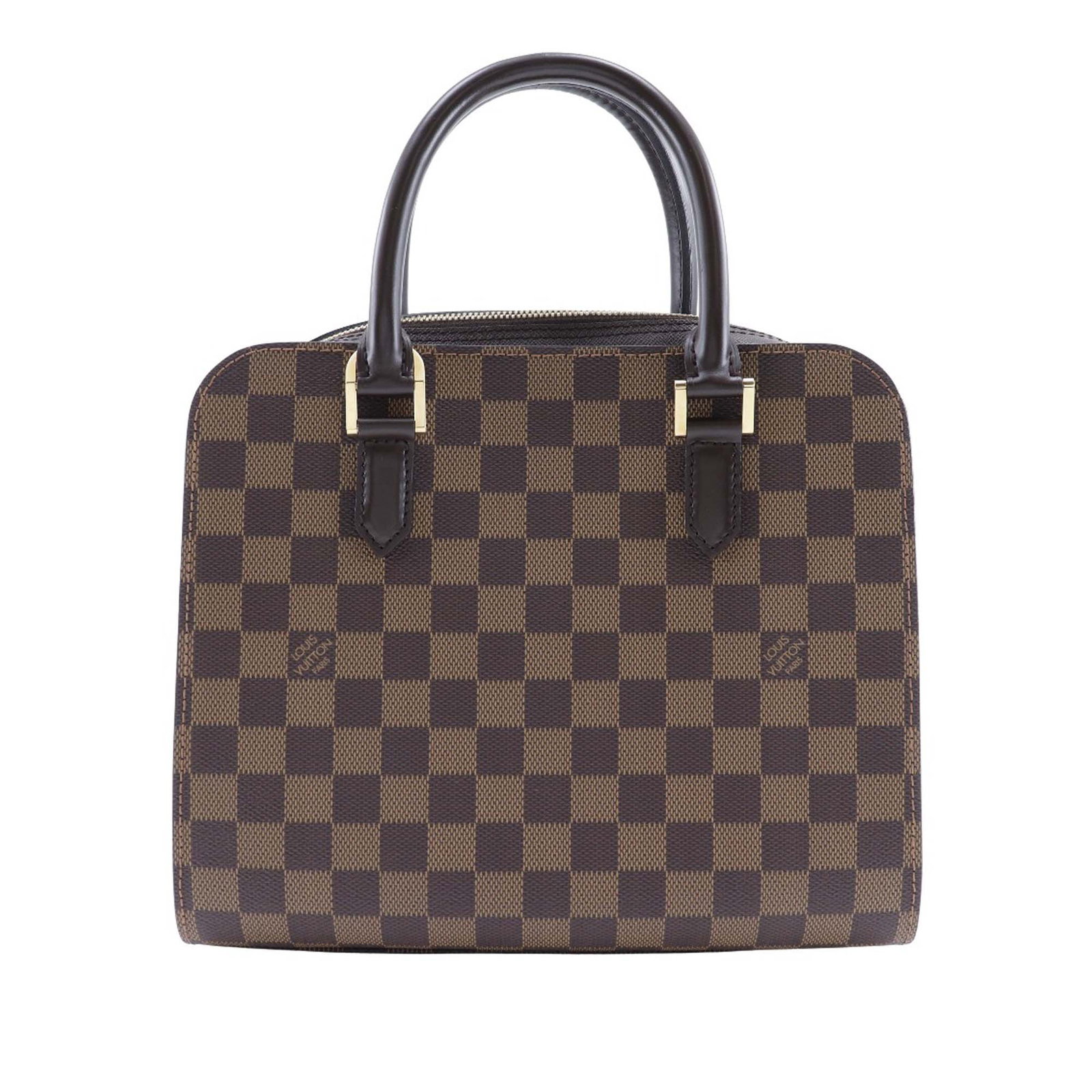 Louis Vuitton Triana Handbag in Damier Ebene Canvas with Leather Handles: Louis Vuitton Triana Handbag in Damier Ebene Canvas with Leather Handles The Louis Vuitton Damier Ebene Triana features the iconic Damier Ebene canvas with rolled leather handles and a top zip closure