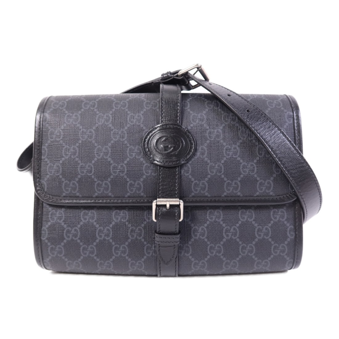 Gucci 745679 GG Supreme Interlocking Shoulder Bag Black Coated Canvas: Gucci 745679 GG Supreme Interlocking Shoulder Bag Black Coated Canvas Gucci GG Supreme Interlocking shoulder bag in black PVC coated canvas. This women's shoulder bag features a black colorway with a 