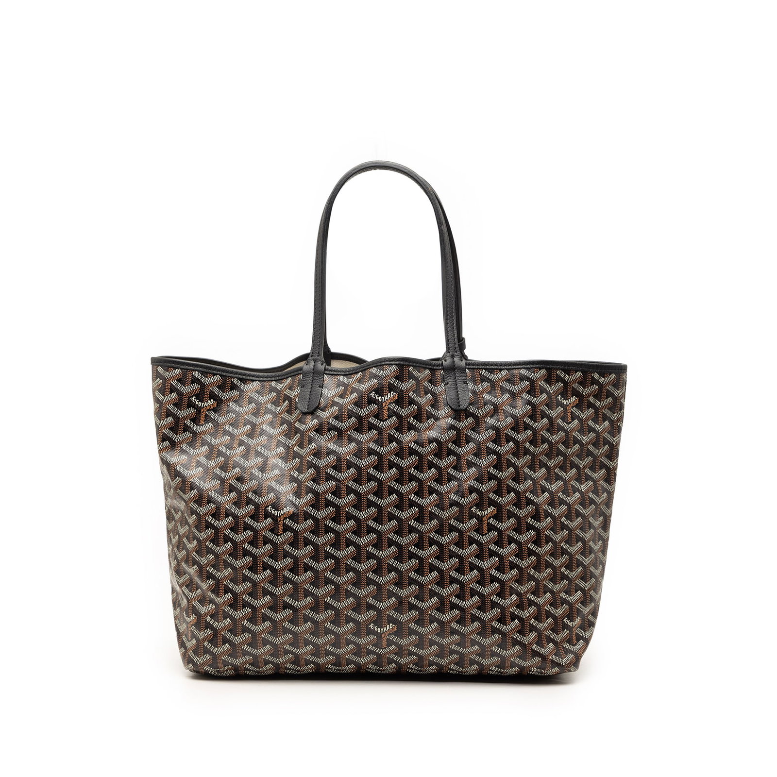 Goyard Saint Louis PM coated canvas tote black: Goyard Saint Louis PM coated canvas tote black This Goyardine Saint Louis PM bag features a coated canvas body with flat leather handles and an open top design. The bag is in AB condition, showing sig