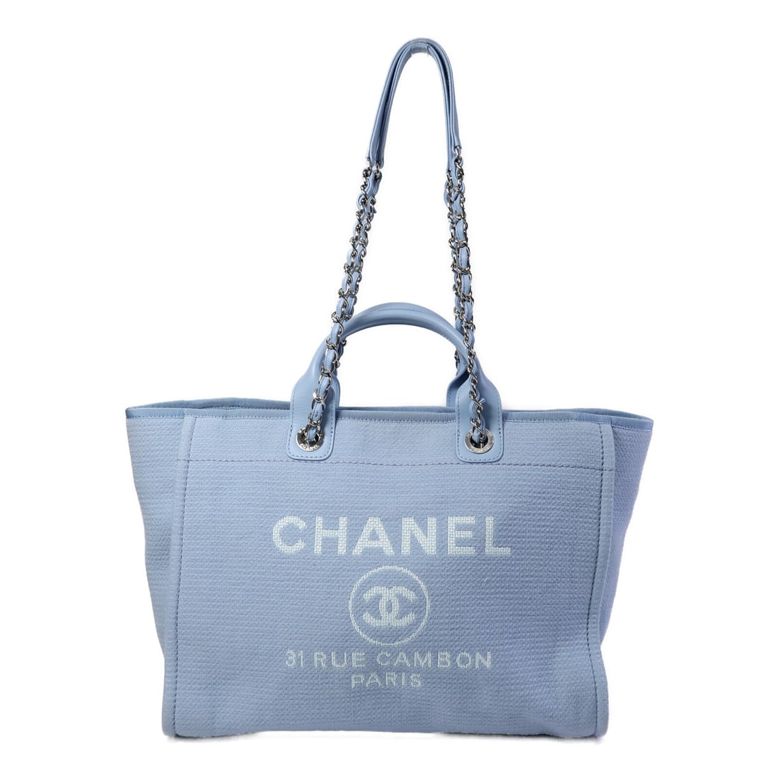 CHANEL Deauville Medium Canvas 2 Way Tote Shoulder Bag Blue: CHANEL Deauville Medium Canvas 2 Way Tote Shoulder Bag Blue A CHANEL Deauville Tote Medium 2 Way Shoulder Bag in blue canvas with CC SHW detailing. The bag features a magnetic pocket, one inside zip p