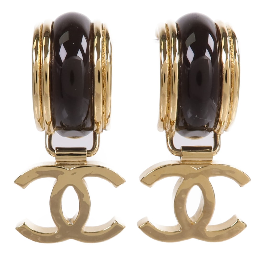 Metal CC Clip Earrings CHANEL Gold Brown with Box: Metal CC Clip Earrings CHANEL Gold Brown with Box CHANEL CC earrings in gold and brown metal, presented in very good AB condition. The listing includes a storage box. The size is 37mm x 12-18mm. Speci