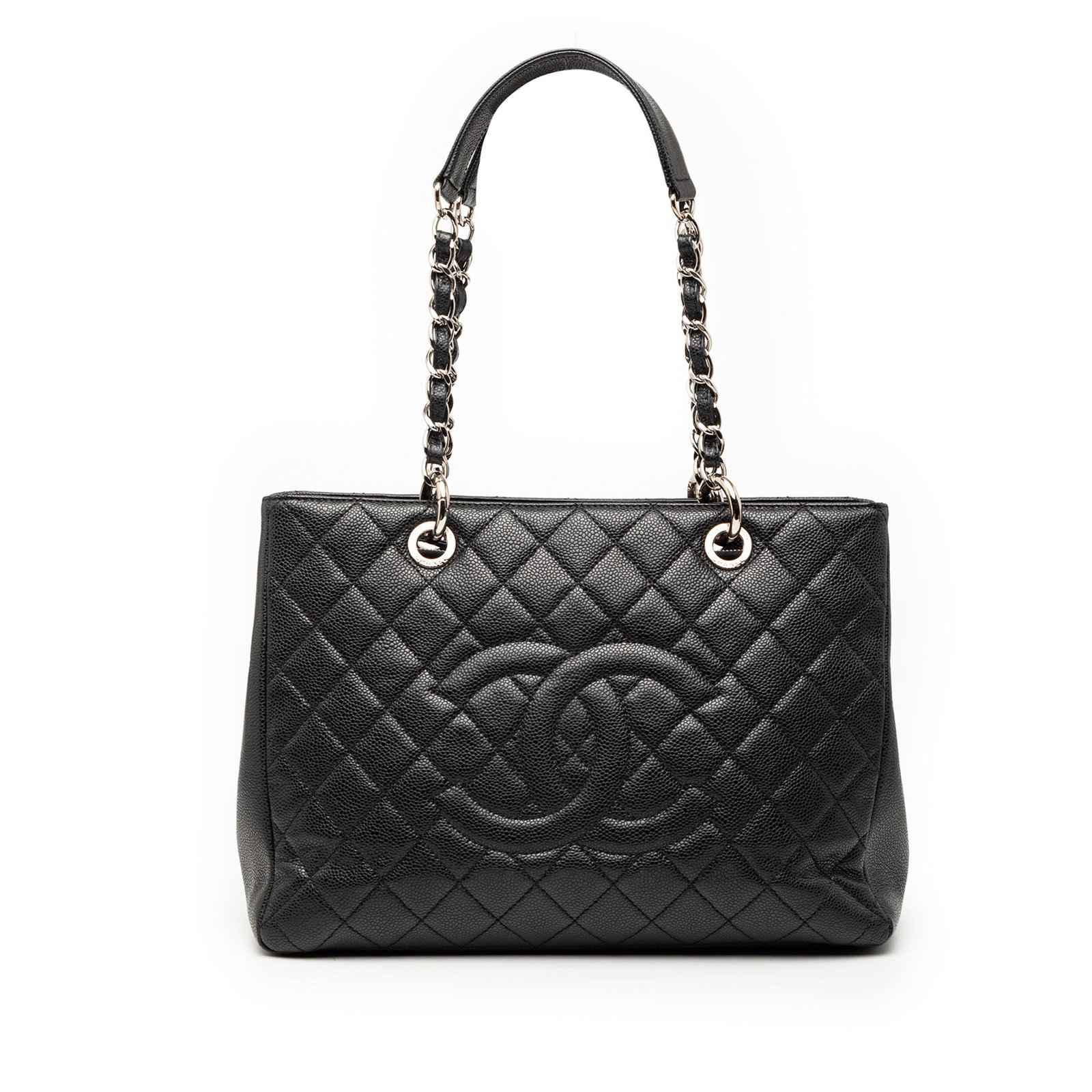 Chanel Grand Shopping Tote in Black Caviar Leather: Chanel Grand Shopping Tote in Black Caviar Leather This Chanel Grand Shopping Tote is crafted in quilted Caviar leather with leather-woven chain shoulder straps and an open-top design. The interior in