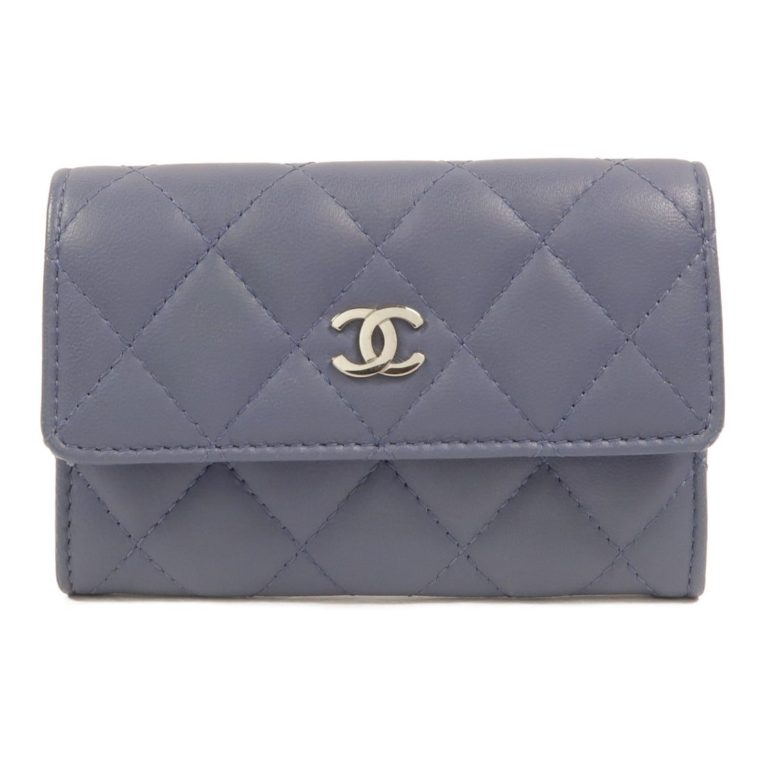CHANEL Classic Flap Blue Lambskin Card Case with Silver Tone Hardware: CHANEL Classic Flap Blue Lambskin Card Case with Silver Tone Hardware Classic flap card holder in blue lambskin leather with CC and silver-tone hardware. Designed as a women's card case with a hook bu