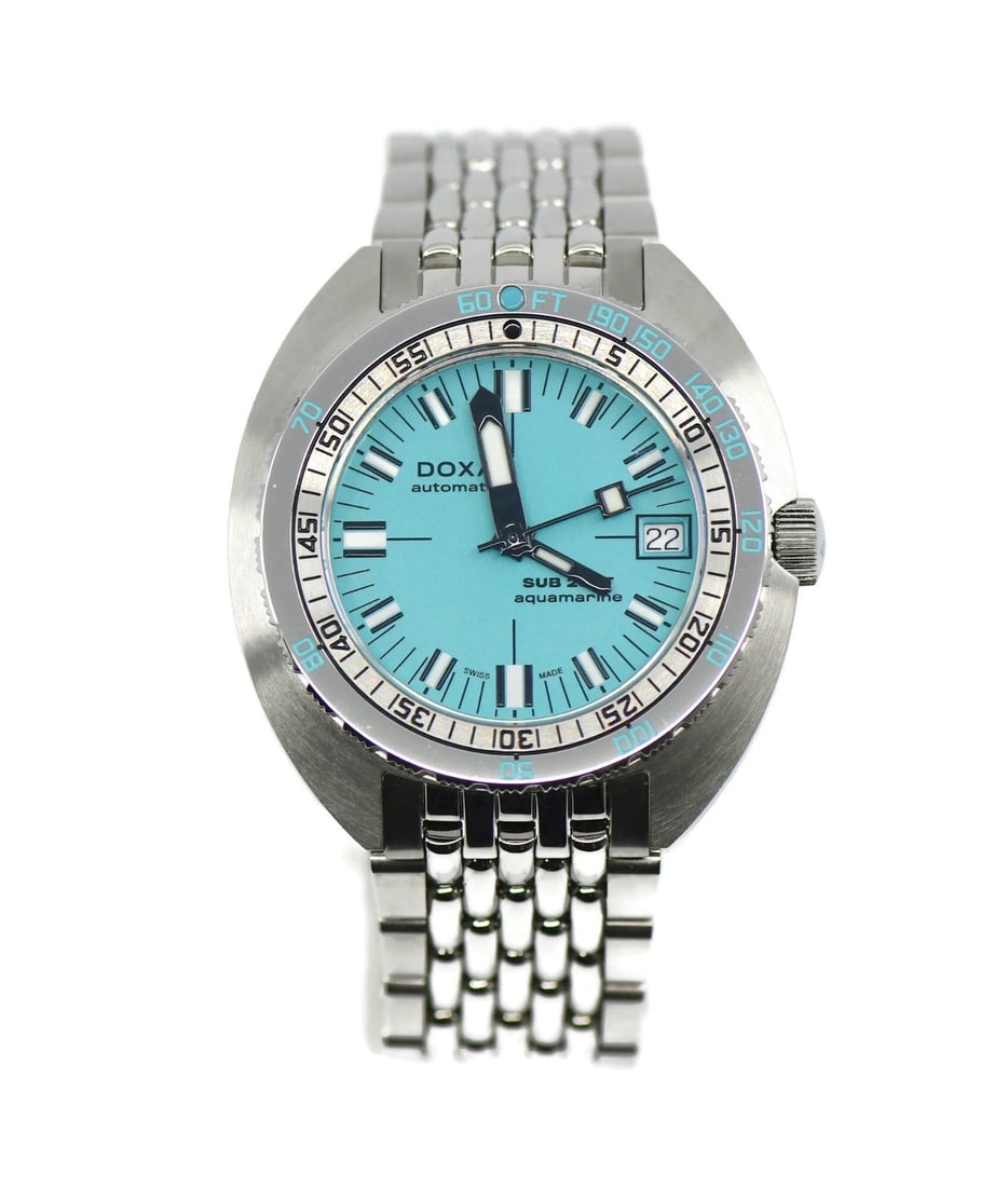 DOXA SUB 200 Aquamarine 804.10.241.10 stainless steel wristwatch: DOXA SUB 200 Aquamarine 804.10.241.10 stainless steel wristwatch DOXA Sub 200 Aquamarine stainless steel wristwatch for men with a silver stainless steel case and band, blue dial, baton indexes, and a
