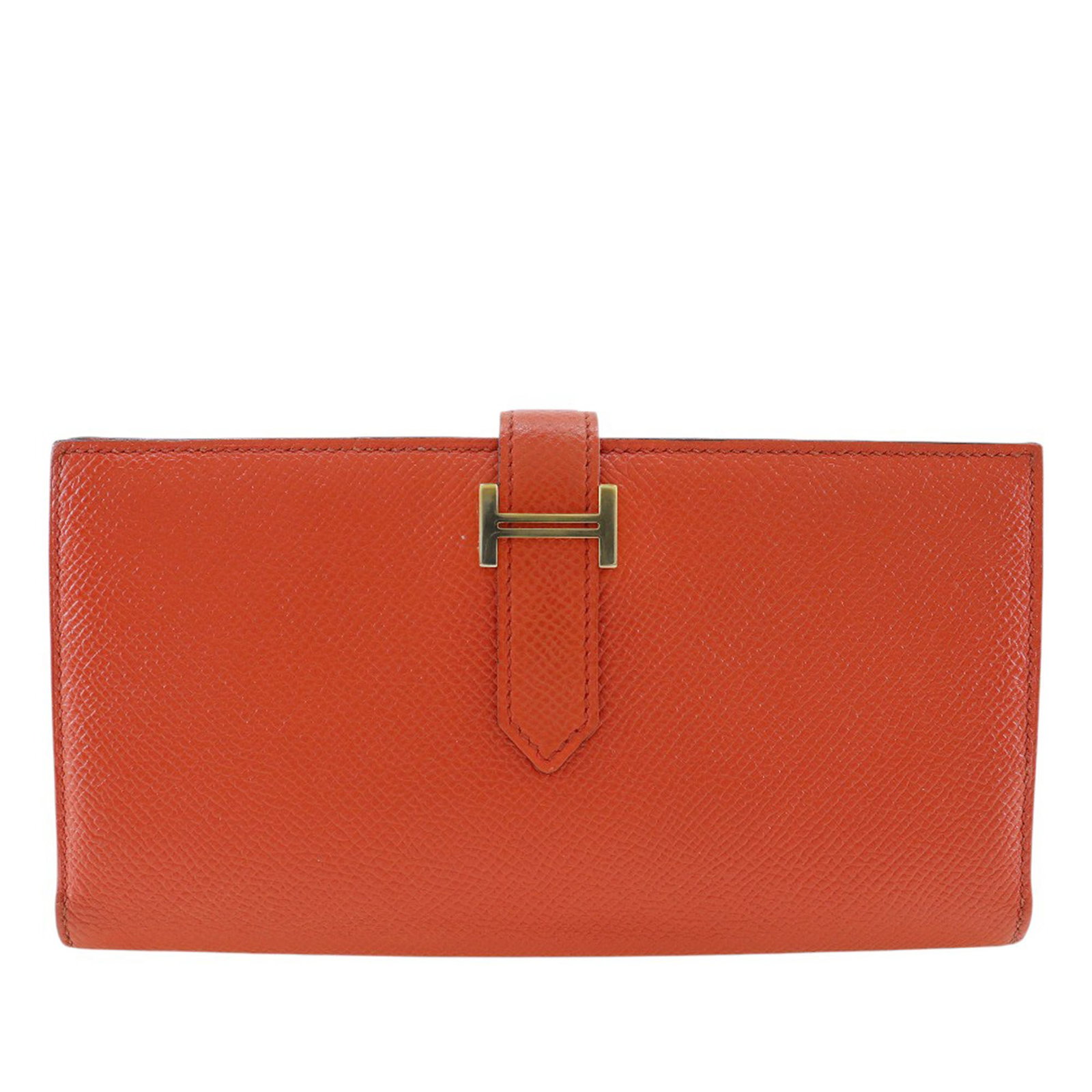 Hermes Bearn Soufflet Long Wallet Epsom Leather in Feu Orange: Hermes Bearn Soufflet Long Wallet Epsom Leather in Feu Orange This Hermes Bearn Soufflet long wallet is crafted from Epsom leather in a vibrant Feu orange color. It features a flat leather strap with 