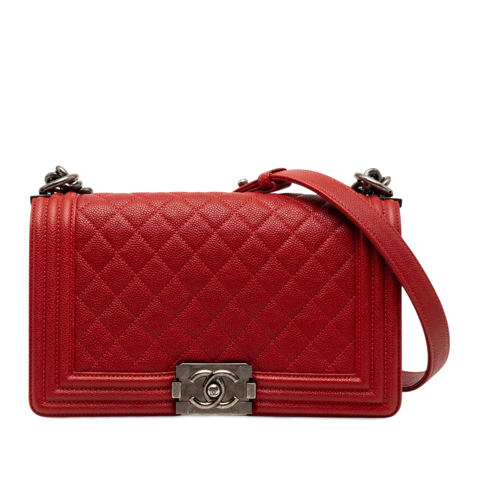 Chanel Boy Flap red quilted caviar leather bag: Chanel Boy Flap red quilted caviar leather bag This Chanel Old Medium Quilted Caviar Boy Flap bag is crafted from quilted caviar leather in a striking red hue. It features a distinctive curb chain str