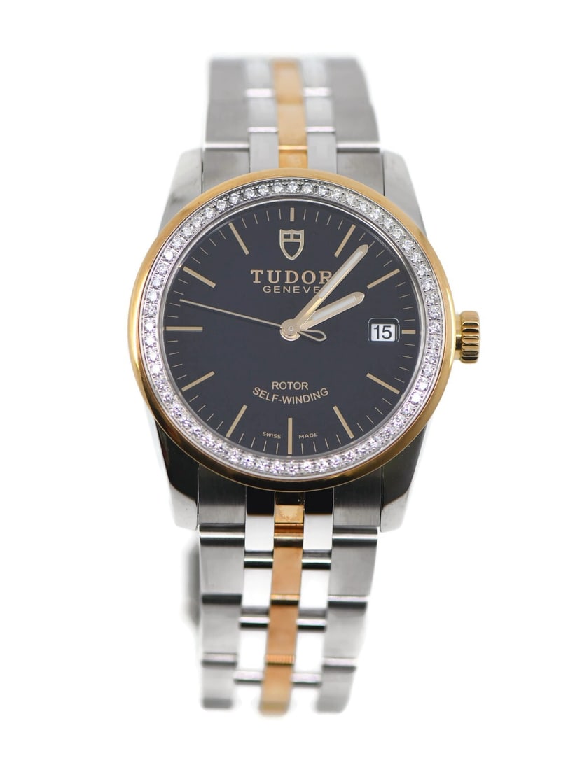 Tudor Glamour Date Diamond 18K Stainless Steel Watch 55023 with Box and Papers: Tudor Glamour Date Diamond 18K Stainless Steel Watch 55023 with Box and Papers Experience luxury with the Tudor Glamour Date Diamond Watch, model 55023. This exquisite wristwatch features a mechanical