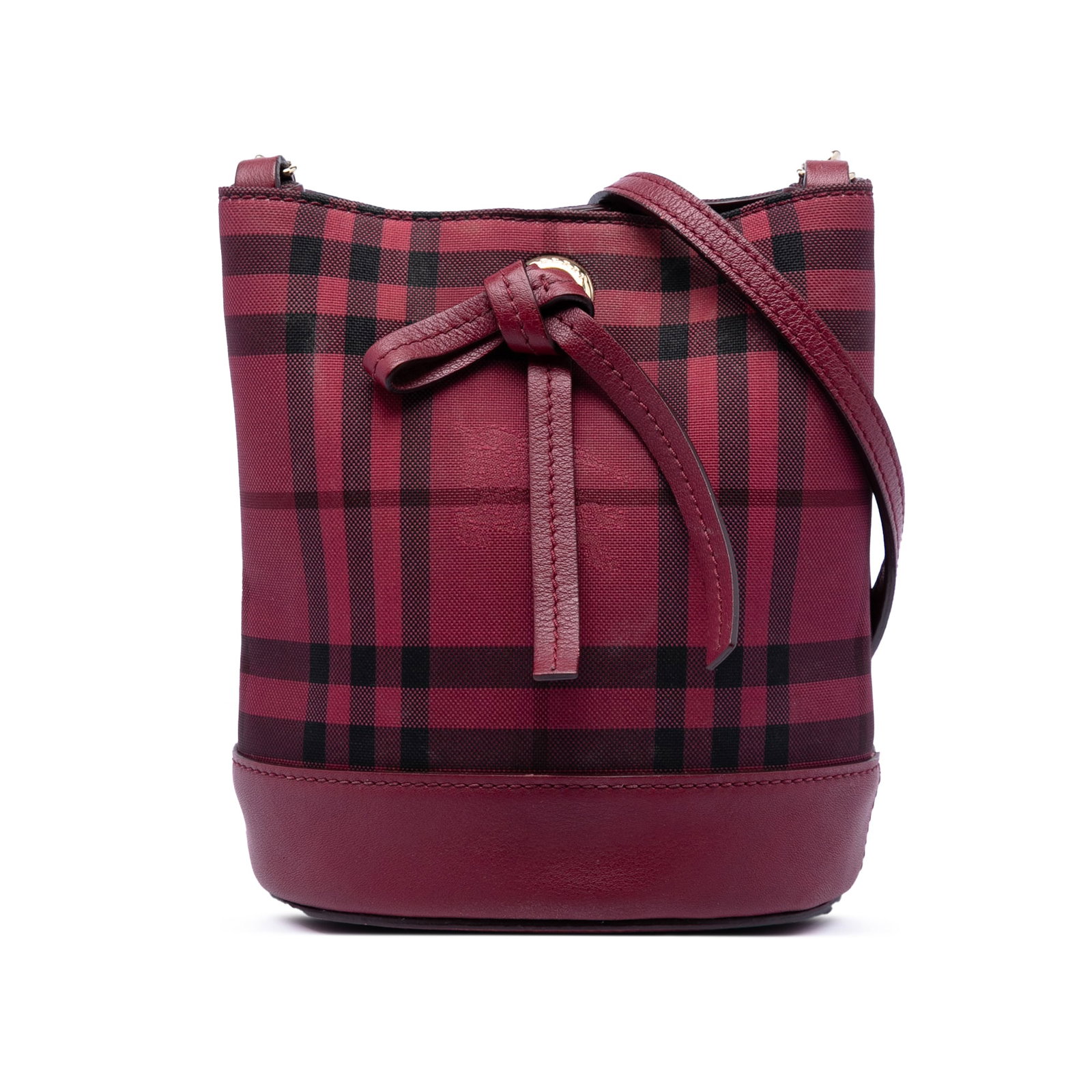 Burberry Baby Haymarket Check Bucket Bag in Red Nylon: Burberry Baby Haymarket Check Bucket Bag in Red Nylon Burberry Baby Haymarket Check Nylon Overdyed Bucket Bag in red with a plaid nylon body, leather trim, and a gold-tone chain strap with a leather s