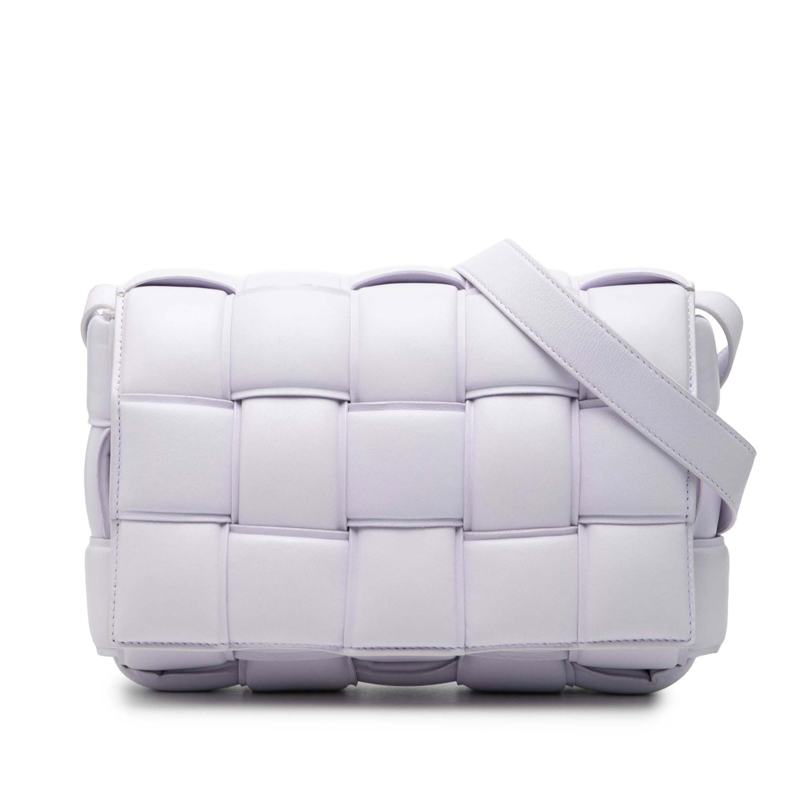 Bottega Veneta Purple Nappa Woven Padded Cassette Leather Crossbody Bag: Bottega Veneta Purple Nappa Woven Padded Cassette Leather Crossbody Bag This Bottega Veneta Padded Cassette Crossbody showcases the iconic Intrecciato woven design in nappa leather and features a flat