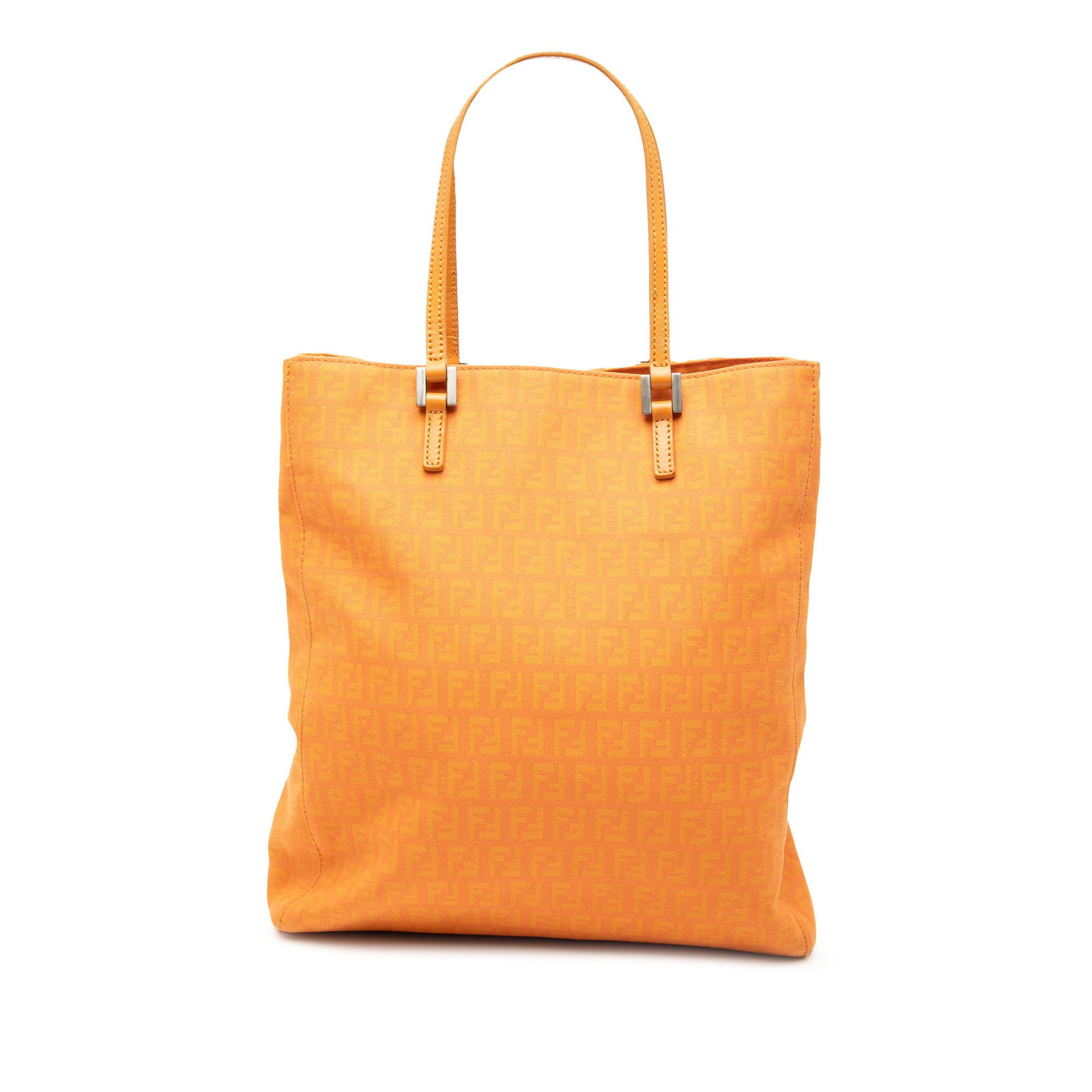 Zucchino Canvas Orange Tote Bag by Fendi with Leather Handles: Zucchino Canvas Orange Tote Bag by Fendi with Leather Handles This Fendi Zucchino canvas tote features a durable fabric body in orange with flat leather handles. The bag has an open top and includes a