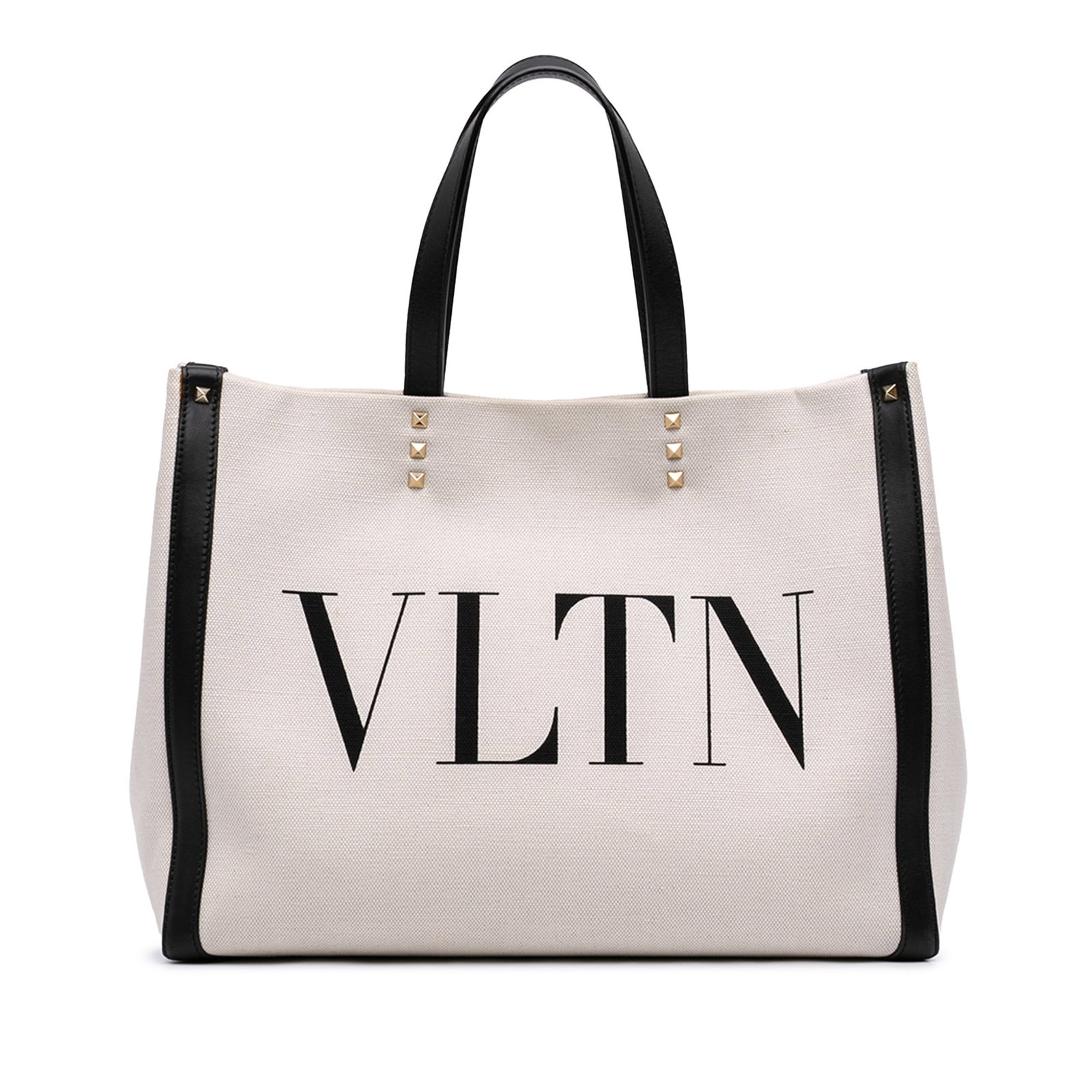 Valentino Rockstud VLTN Medium Canvas Tote Bag Brown: Valentino Rockstud VLTN Medium Canvas Tote Bag Brown Valentino Medium Canvas Rockstud VLTN Tote with leather trim and stud detailing. This satchel-style bag features flat leather handles, an open top 