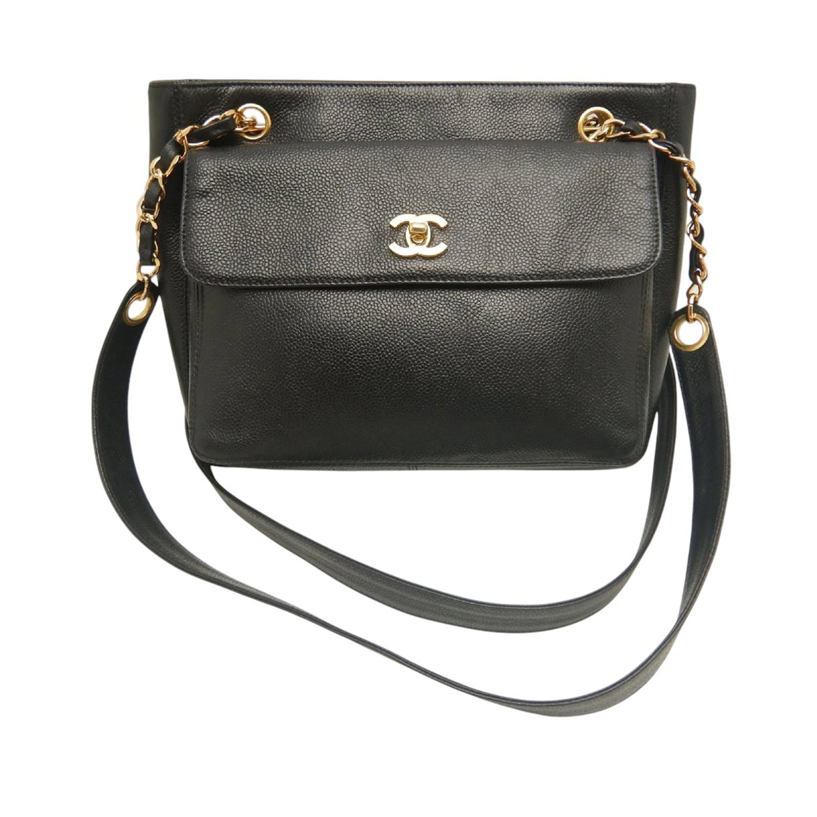 Chanel CC Front Pocket Chain Tote in Black Caviar Leather: Chanel CC Front Pocket Chain Tote in Black Caviar Leather Chanel CC Caviar Front Pocket Chain Tote in black caviar leather. This tote features leather-woven chain link and flat leather straps, an open