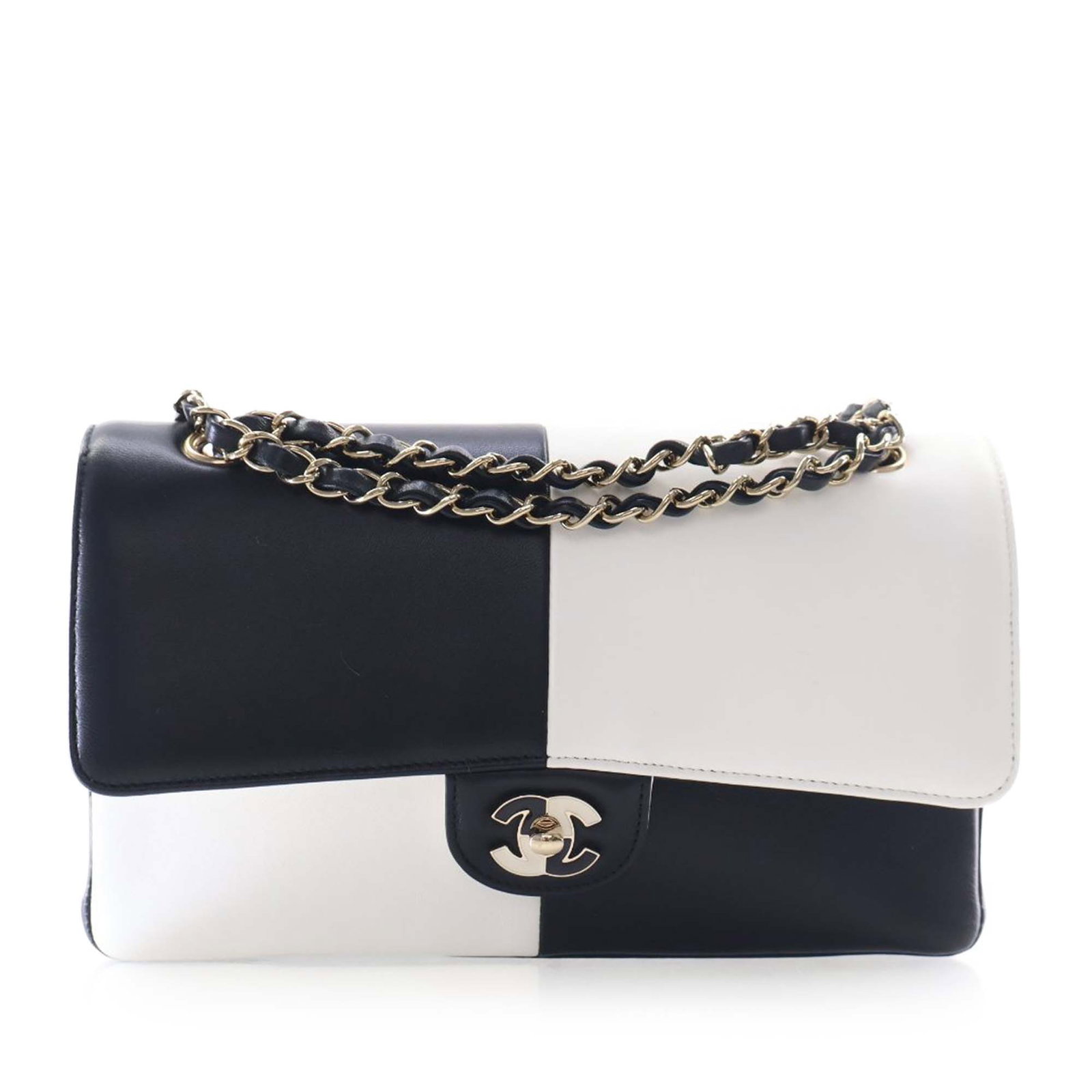 Chanel Medium Classic Double Flap Shoulder Bag Bicolor Lambskin: Chanel Medium Classic Double Flap Shoulder Bag Bicolor Lambskin A Chanel Medium Classic Bicolor Lambskin Geometric Colorblock Double Flap shoulder bag made in France. This bag features a lambskin body