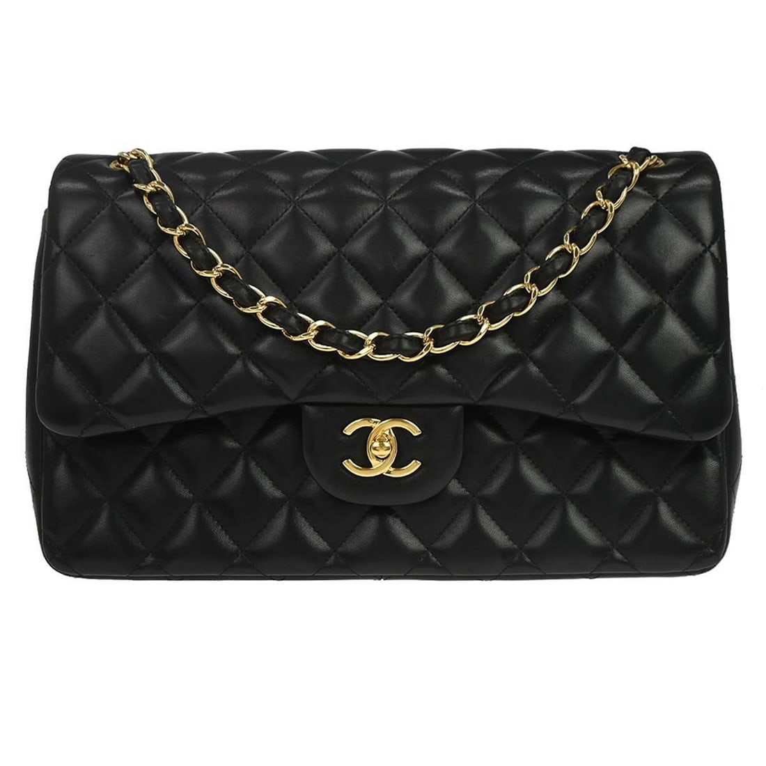 CHANEL Classic Double Flap Jumbo Shoulder Bag Black Lambskin: CHANEL Classic Double Flap Jumbo Shoulder Bag Black Lambskin Chanel Jumbo Classic Double Flap shoulder bag in black lambskin leather, made in Italy. This large bag features a turn lock closure, red li