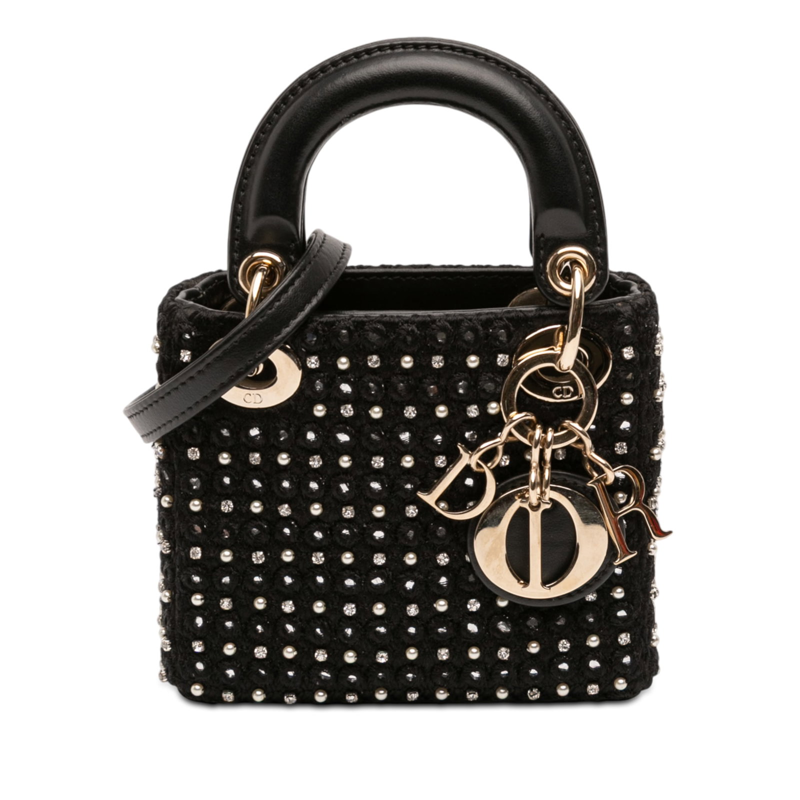 Dior Lady Dior Micro Bag in Satin with Crystal Embellishments: Dior Lady Dior Micro Bag in Satin with Crystal Embellishments This Lady Dior bag is crafted from embellished satin fabric in black, featuring flat leather handles, a detachable leather strap, and a fo