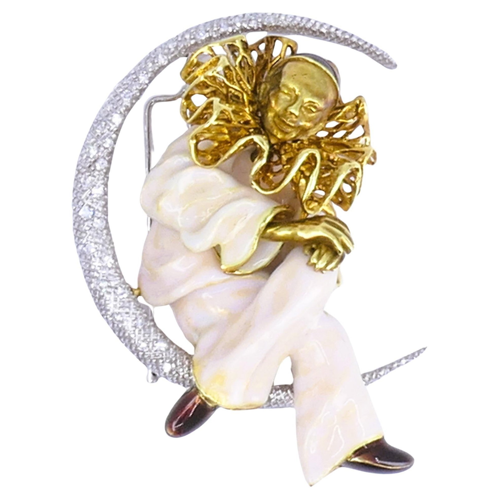 French 18k Gold Enamel Diamond Pierrot Lunaire Brooch (1 of 9)