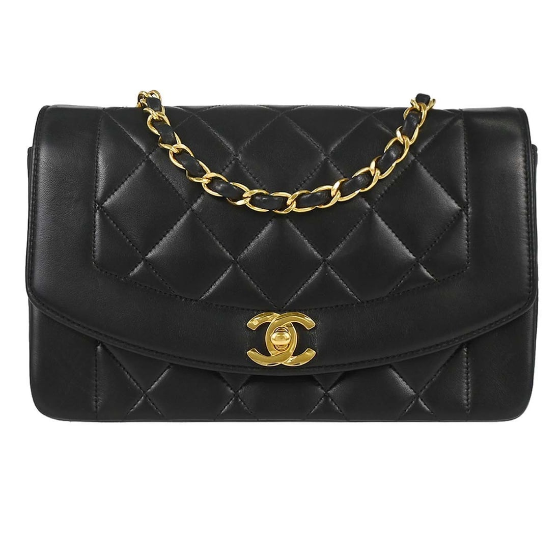CHANEL Diana Small Black Lambskin Shoulder Bag: CHANEL Diana Small Black Lambskin Shoulder Bag Chanel Small Diana shoulder bag in black lambskin with a shoulder strap and canvas lining. This women's bag features interior pockets and comes with a se