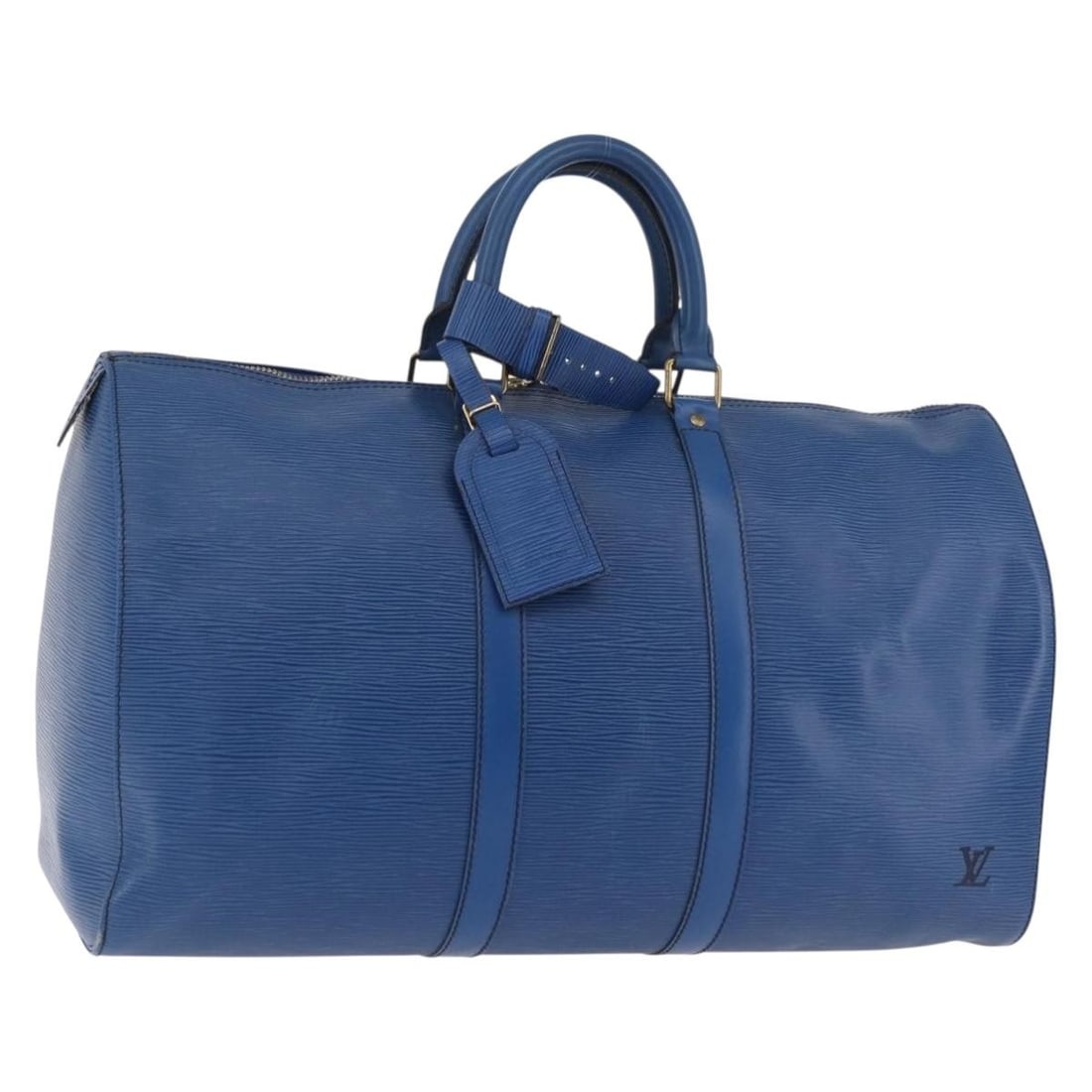 Louis Vuitton M42975 Keepall 45 Epi Leather Boston Bag Blue: Louis Vuitton M42975 Keepall 45 Epi Leather Boston Bag Blue Louis Vuitton Keepall 45 Boston bag in blue Epi leather. This women's bag includes a name tag and Powanie. Condition is ranked B with reason