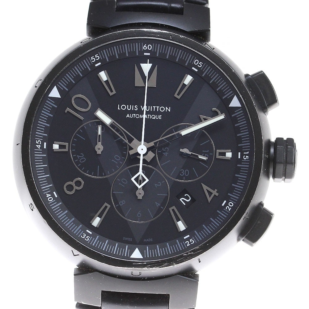 Louis Vuitton Tambour Q1A62 mens automatic chronograph wristwatch: Louis Vuitton Tambour Q1A62 mens automatic chronograph wristwatch Pre-owned Louis Vuitton Tambour chronograph automatic men's wristwatch with a black dial and stainless steel case. Features include a 