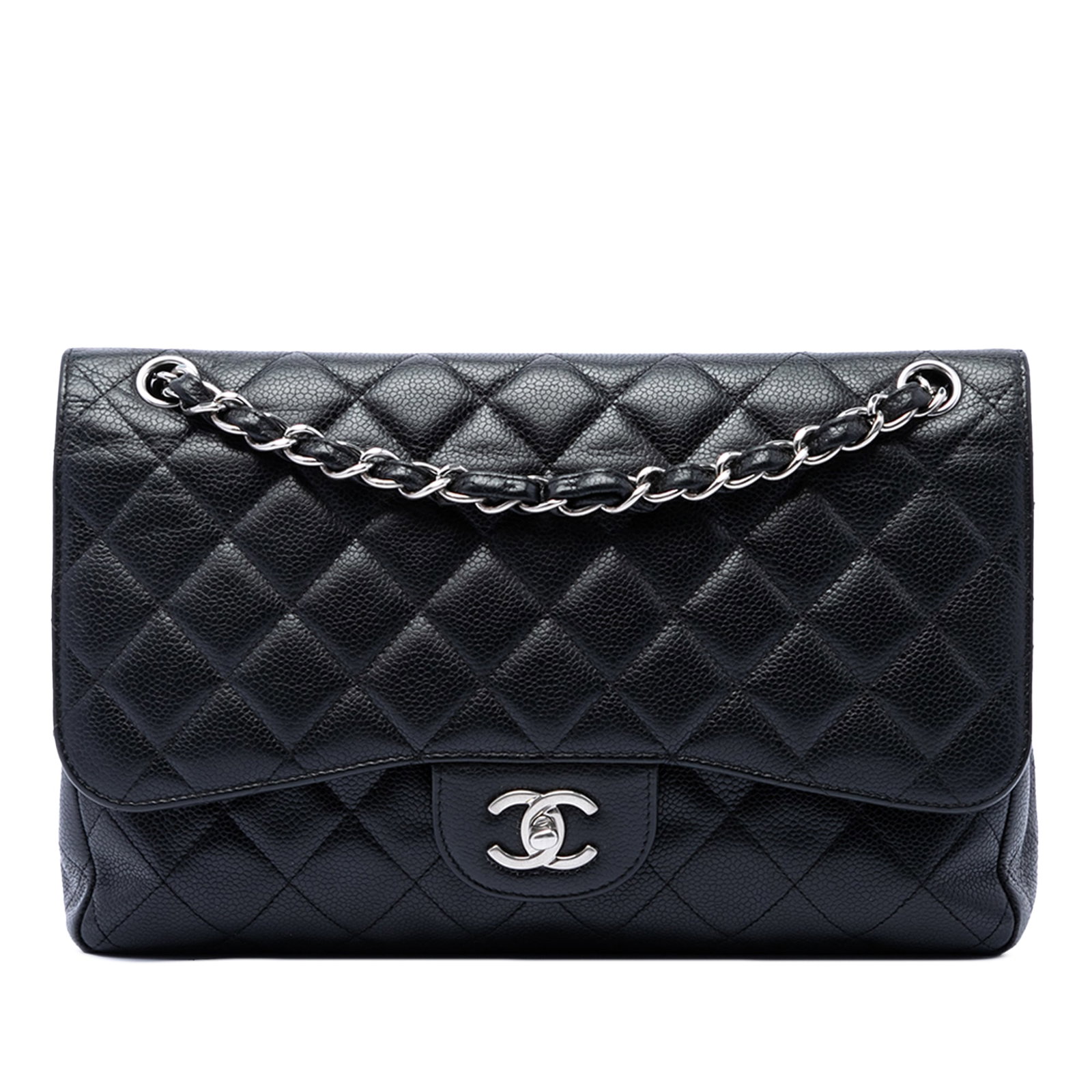 Chanel Jumbo Classic Double Flap Shoulder Bag in Black Caviar Leather: Chanel Jumbo Classic Double Flap Shoulder Bag in Black Caviar Leather Chanel Jumbo Classic Caviar Double Flap shoulder bag in black quilted caviar leather. This bag features leather-woven chain straps