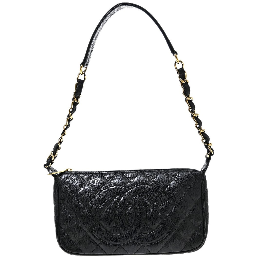 CHANEL Caviar black leather hobo bag with top handle: CHANEL Caviar black leather hobo bag with top handle Chanel black hobo handbag crafted in caviar skin leather with a zip closure, logo accent, and canvas lining. This medium handbag features a top han