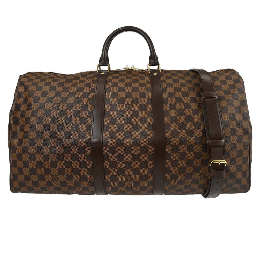 Louis Vuitton Keepall Bandouliere 55 Damier duffle with strap N41414: Louis Vuitton Keepall Bandouliere 55 Damier duffle with strap N41414 Louis Vuitton Keepall Bandouliere 55 duffle bag in Damier canvas and leather with a brown Ebene exterior. This extra large travel b
