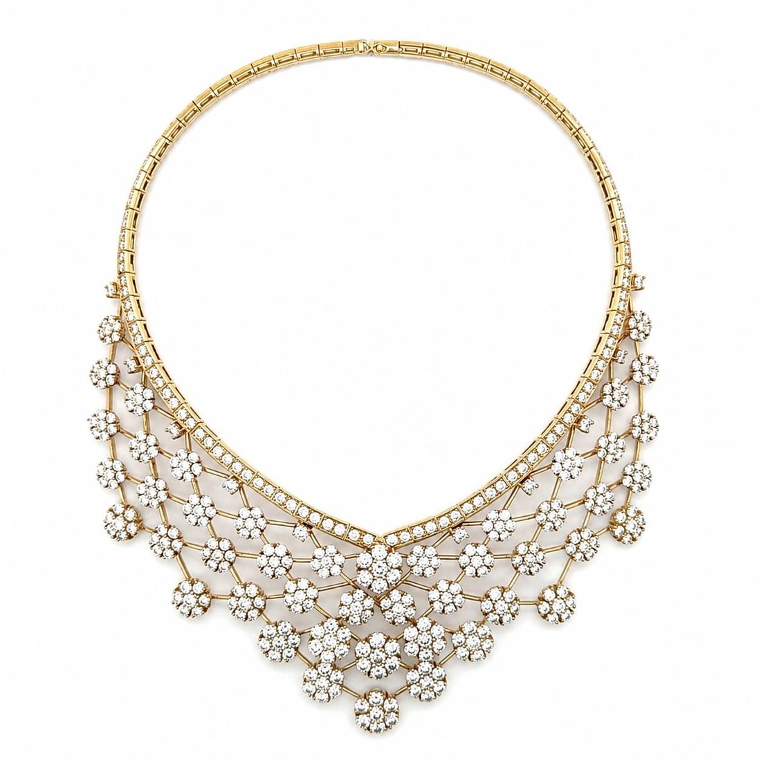 Unbranded Diamond Snowflake Bib Necklace in 18k Yellow Gold 47.8ctw: Unbranded Diamond Snowflake Bib Necklace in 18k Yellow Gold 47.8ctw Vintage snowflake cluster bib statement necklace crafted in solid 18k yellow gold and set with natural genuine round brilliant cut d