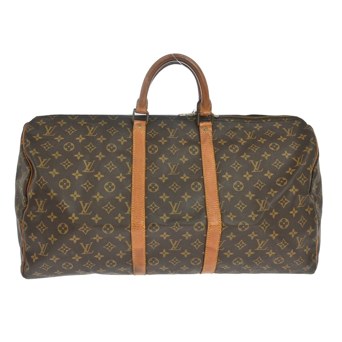 Louis Vuitton Keepall 55 Monogram Canvas Duffle Bag M41424: Louis Vuitton Keepall 55 Monogram Canvas Duffle Bag M41424 Vintage Louis Vuitton Keepall 55 travel handbag in brown Monogram canvas with leather trim and double handles. This duffle-style bag features