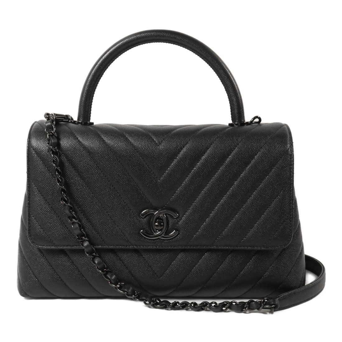 CHANEL A92991 Coco Handle Medium 2 Way Bag Black Calfskin: CHANEL A92991 Coco Handle Medium 2 Way Bag Black Calfskin Medium Chanel CC Coco Handle 2-way shoulder bag in black calfskin leather. This women's bag features a structured design with top handle and s