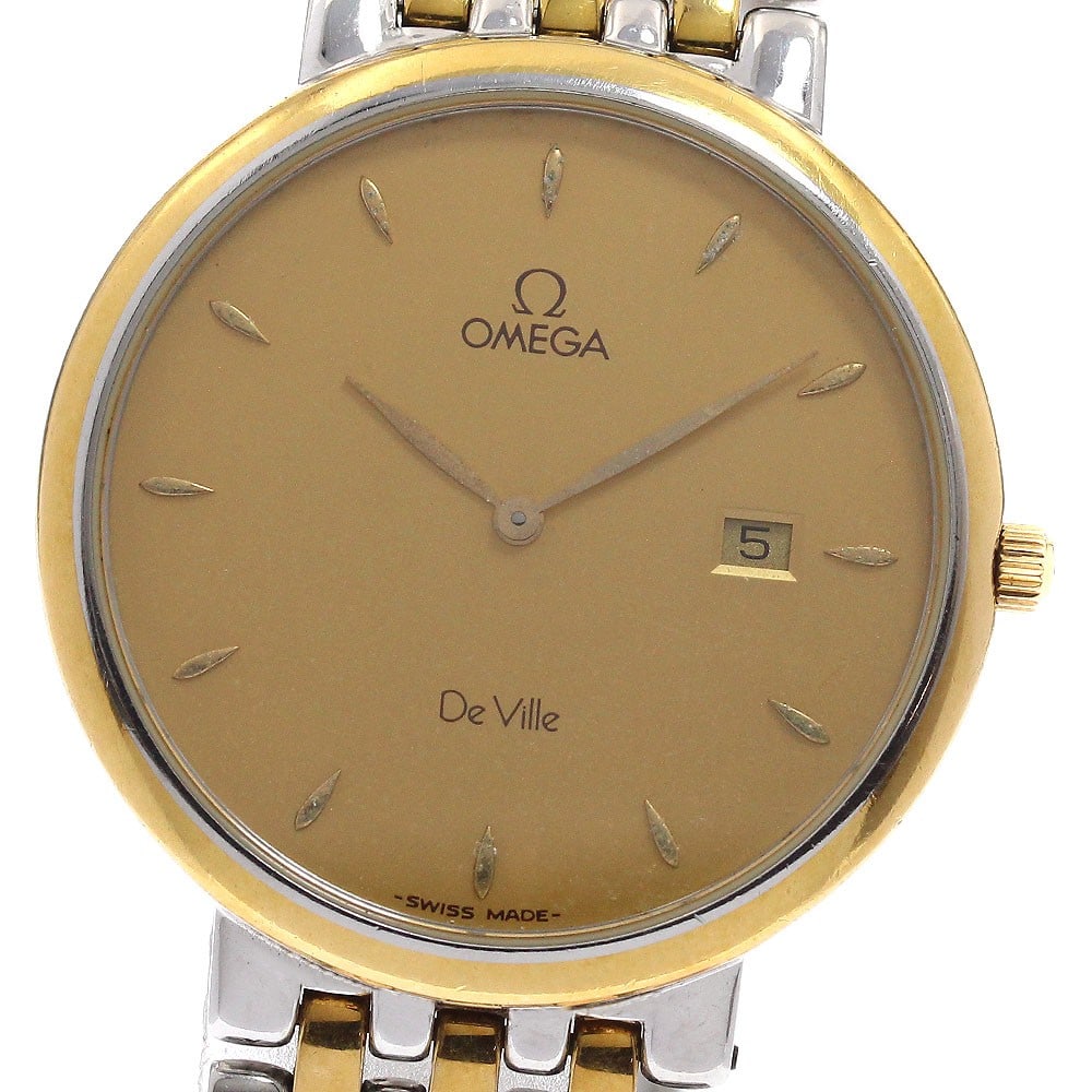 OMEGA De Ville mens quartz wristwatch with date SS YG bracelet: OMEGA De Ville mens quartz wristwatch with date SS YG bracelet Pre-owned OMEGA De Ville men's quartz wristwatch with date display. This watch features a 3-row bracelet and a gold-tone dial. Condition 