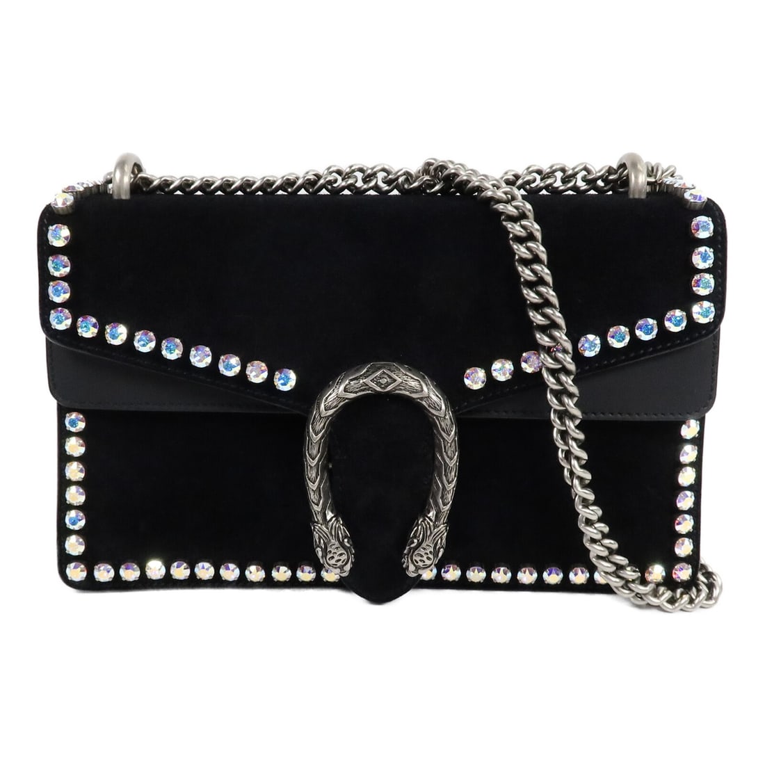 Gucci Dionysus Chain Shoulder Bag Black Suede Calfskin GG SHW: Gucci Dionysus Chain Shoulder Bag Black Suede Calfskin GG SHW Gucci Dionysus chain shoulder bag in black suede and calfskin leather. This women's shoulder bag features an interior open pocket and an i