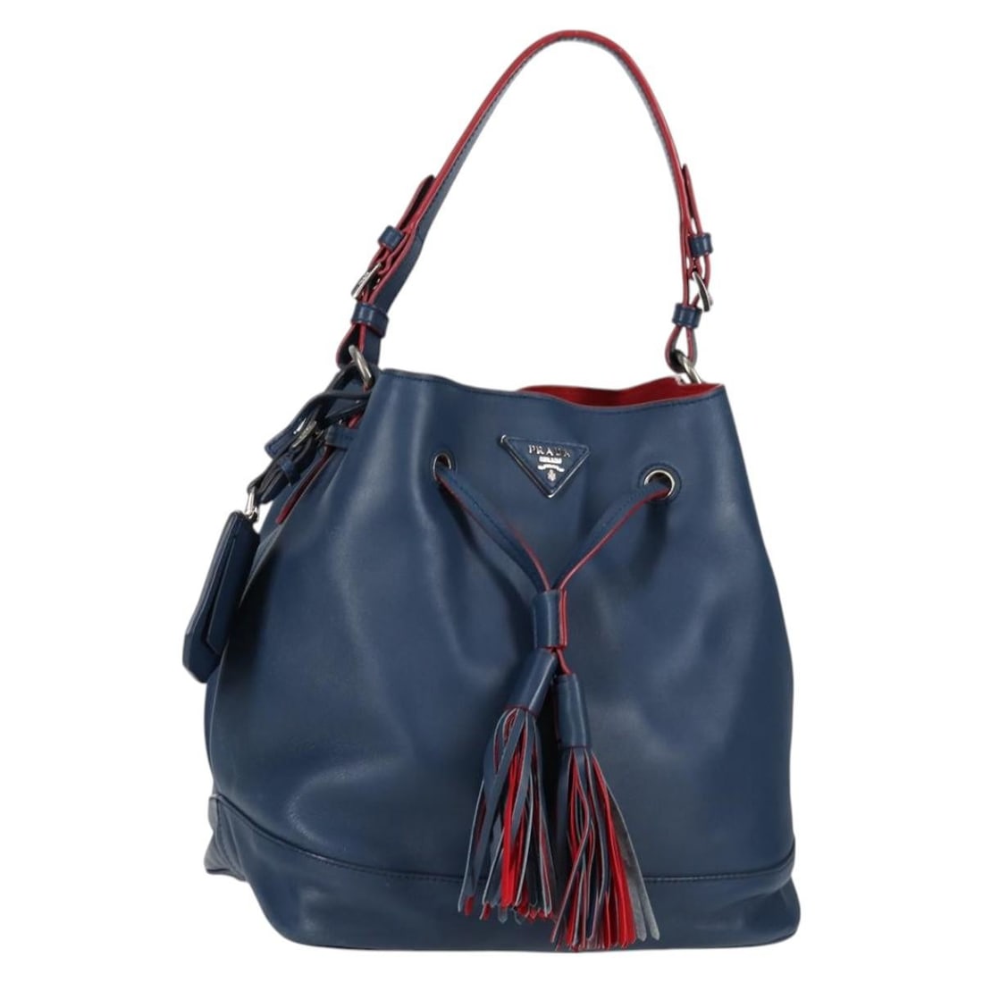 Prada Blue Silver Leather Shoulder Bag with Dust Bag: Prada Blue Silver Leather Shoulder Bag with Dust Bag Prada shoulder bag in blue and silver leather with a classic silhouette and practical interior space. Includes a dust bag. Condition is B with reas