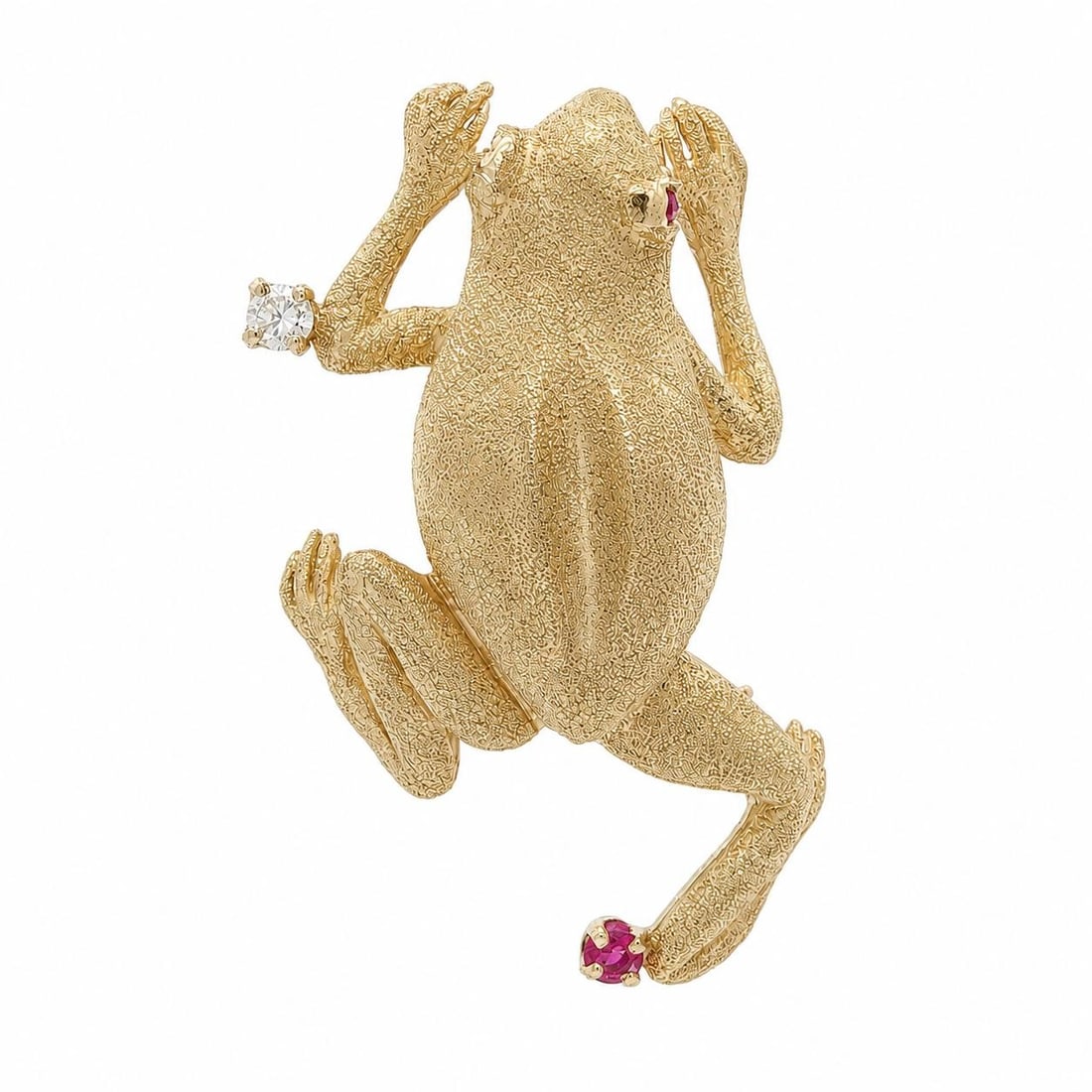 Textured Frog Brooch Pin in 18k Yellow Gold with Ruby and Diamond: Textured Frog Brooch Pin in 18k Yellow Gold with Ruby and Diamond Vintage frog pin brooch with textured detailing, set with one natural brilliant-cut diamond and three natural rubies. Crafted in solid
