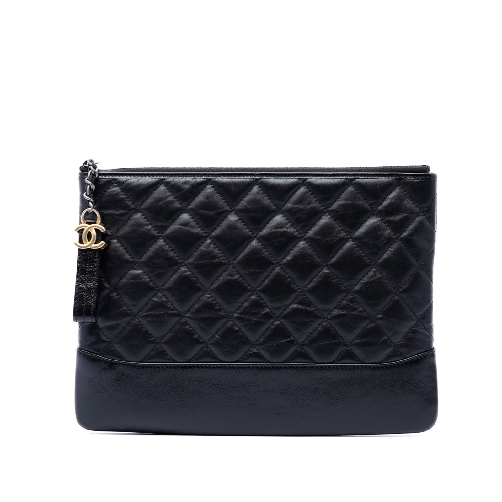 Chanel Gabrielle O Case Medium Quilted Aged Calfskin Clutch: Chanel Gabrielle O Case Medium Quilted Aged Calfskin Clutch Chanel Gabrielle O Case clutch in black quilted aged calfskin with a top zip closure and an interior zip pocket. Made in Italy. Condition AB